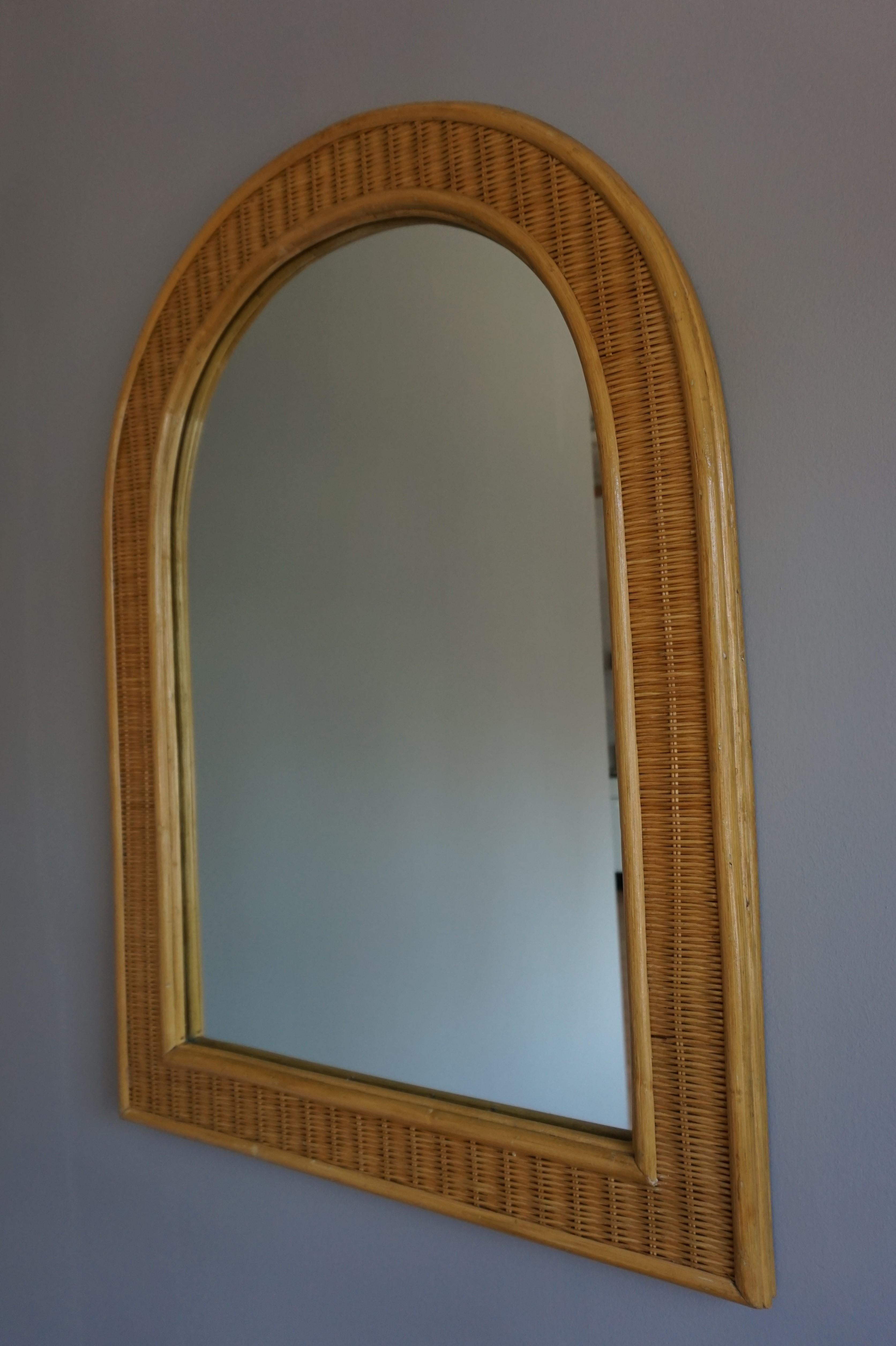 Organic Modern Rare and Handcrafted Midcentury Organic Rattan and Wicker Frame Wall Mirror 1970 For Sale