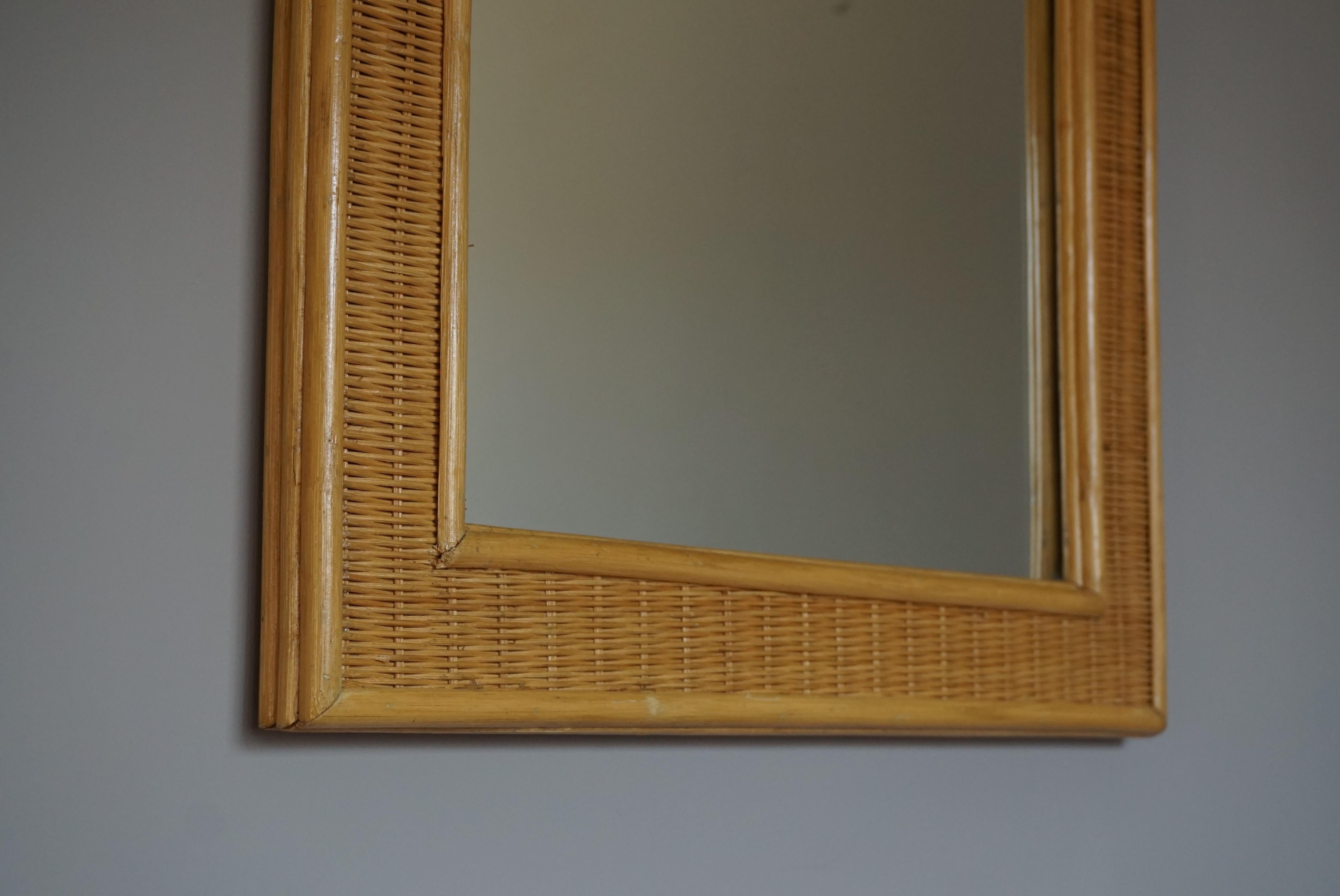 European Rare and Handcrafted Midcentury Organic Rattan and Wicker Frame Wall Mirror 1970 For Sale