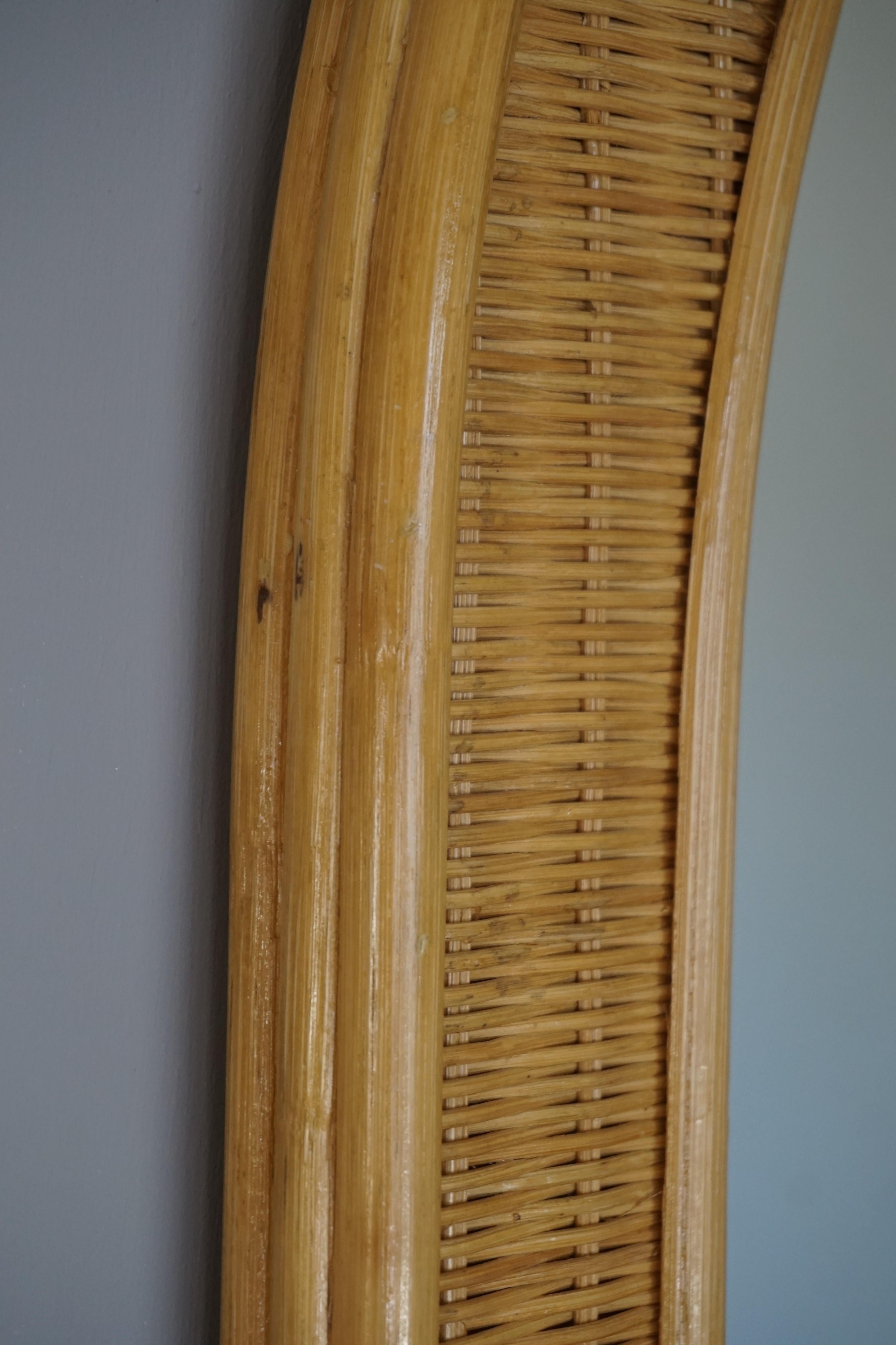 20th Century Rare and Handcrafted Midcentury Organic Rattan and Wicker Frame Wall Mirror 1970 For Sale