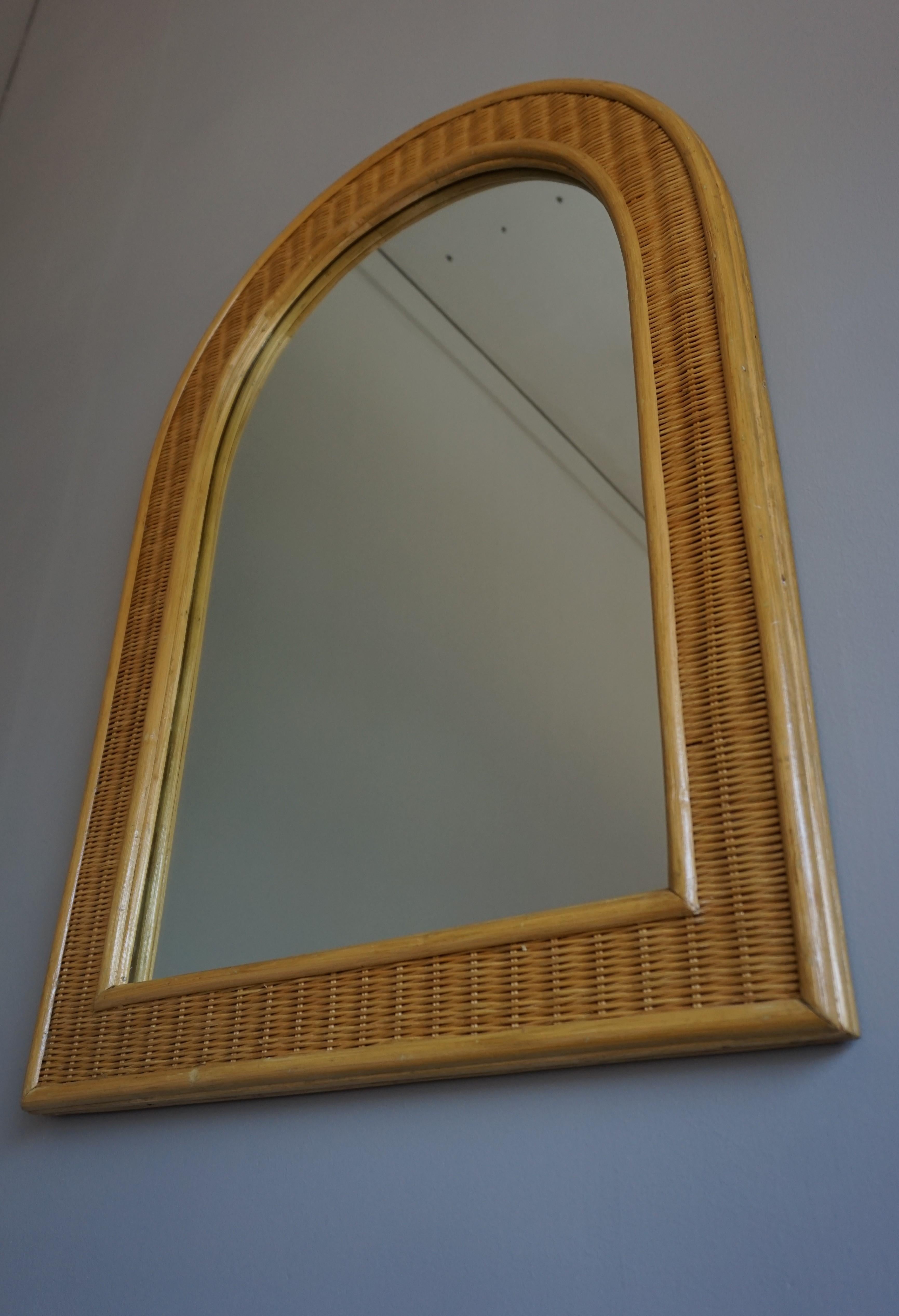 Rare and Handcrafted Midcentury Organic Rattan and Wicker Frame Wall Mirror 1970 For Sale 1