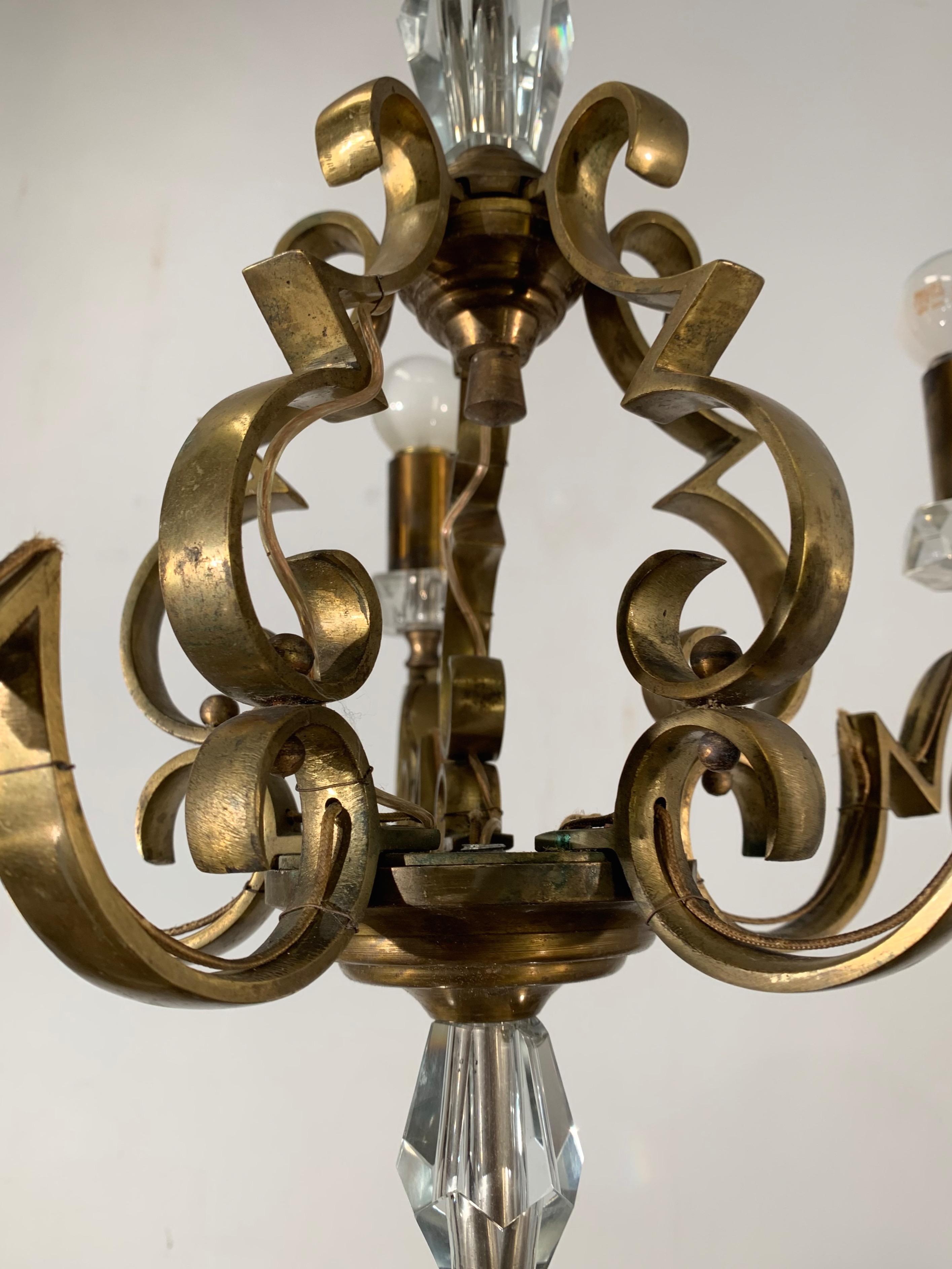 Rare and Handcrafted Jule Leleu Style 5 Light Bronze & Glass Art Deco Chandelier For Sale 5