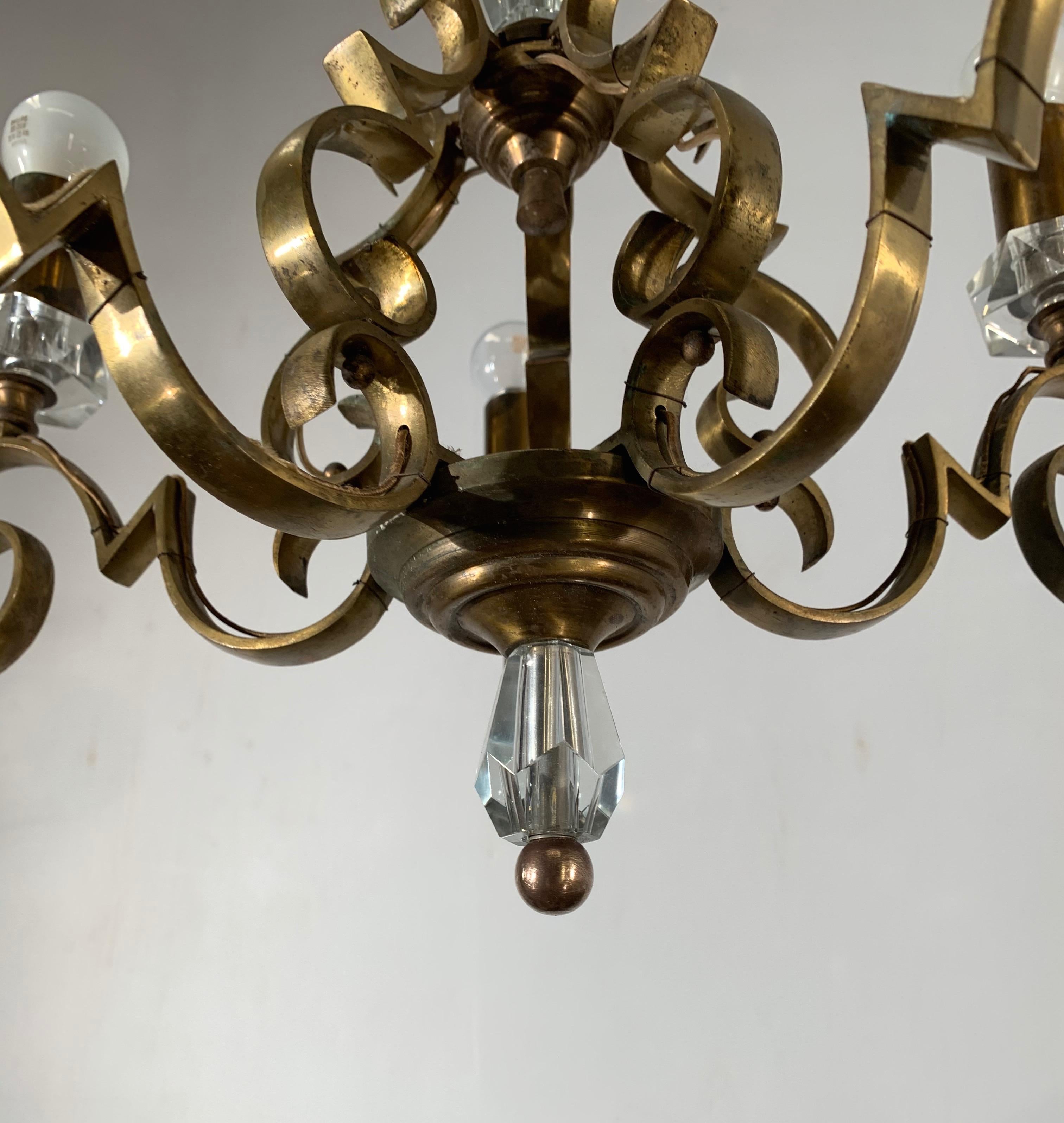 Rare and Handcrafted Jule Leleu Style 5 Light Bronze & Glass Art Deco Chandelier For Sale 9