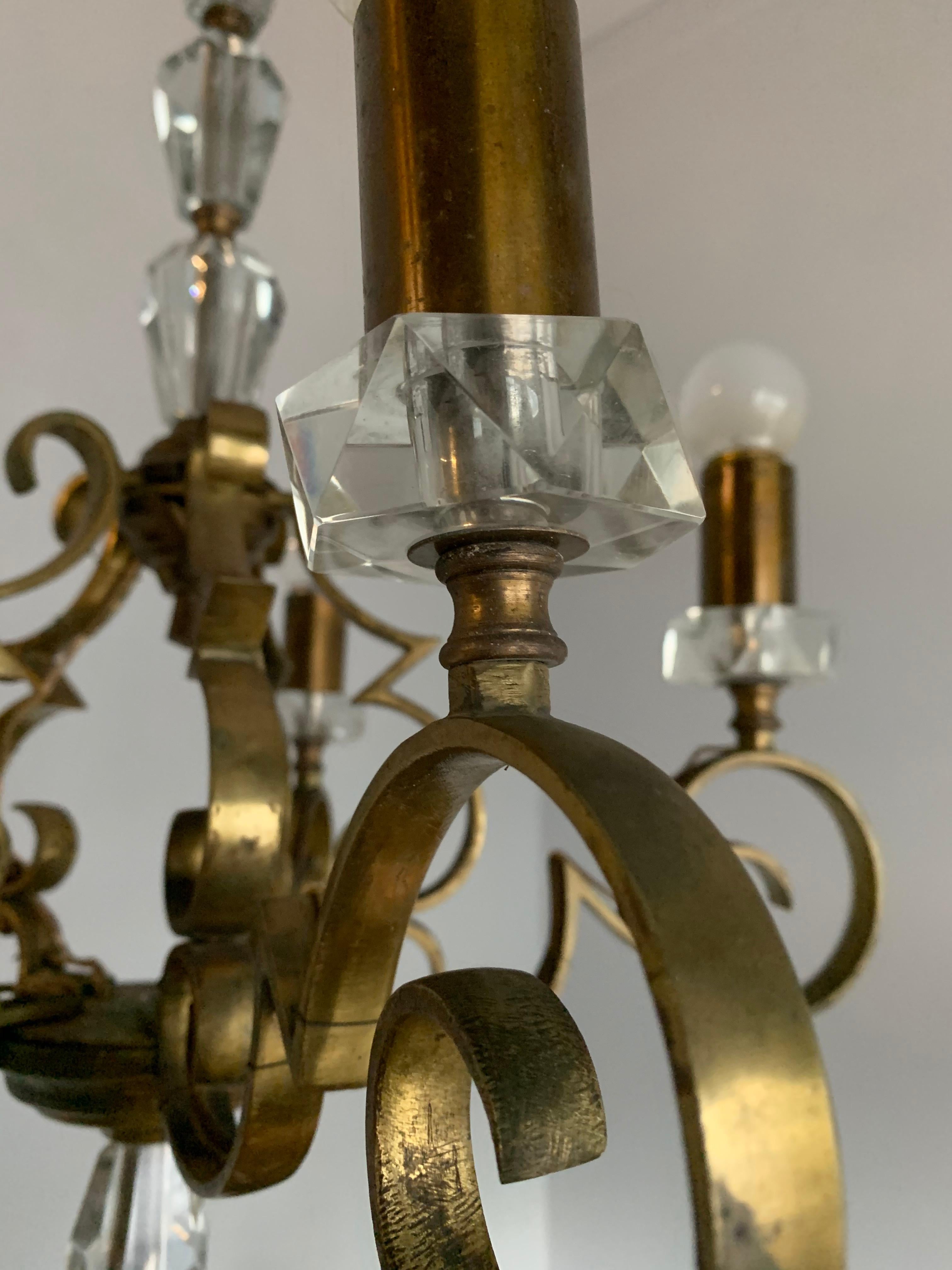 Rare and Handcrafted Jule Leleu Style 5 Light Bronze & Glass Art Deco Chandelier For Sale 10