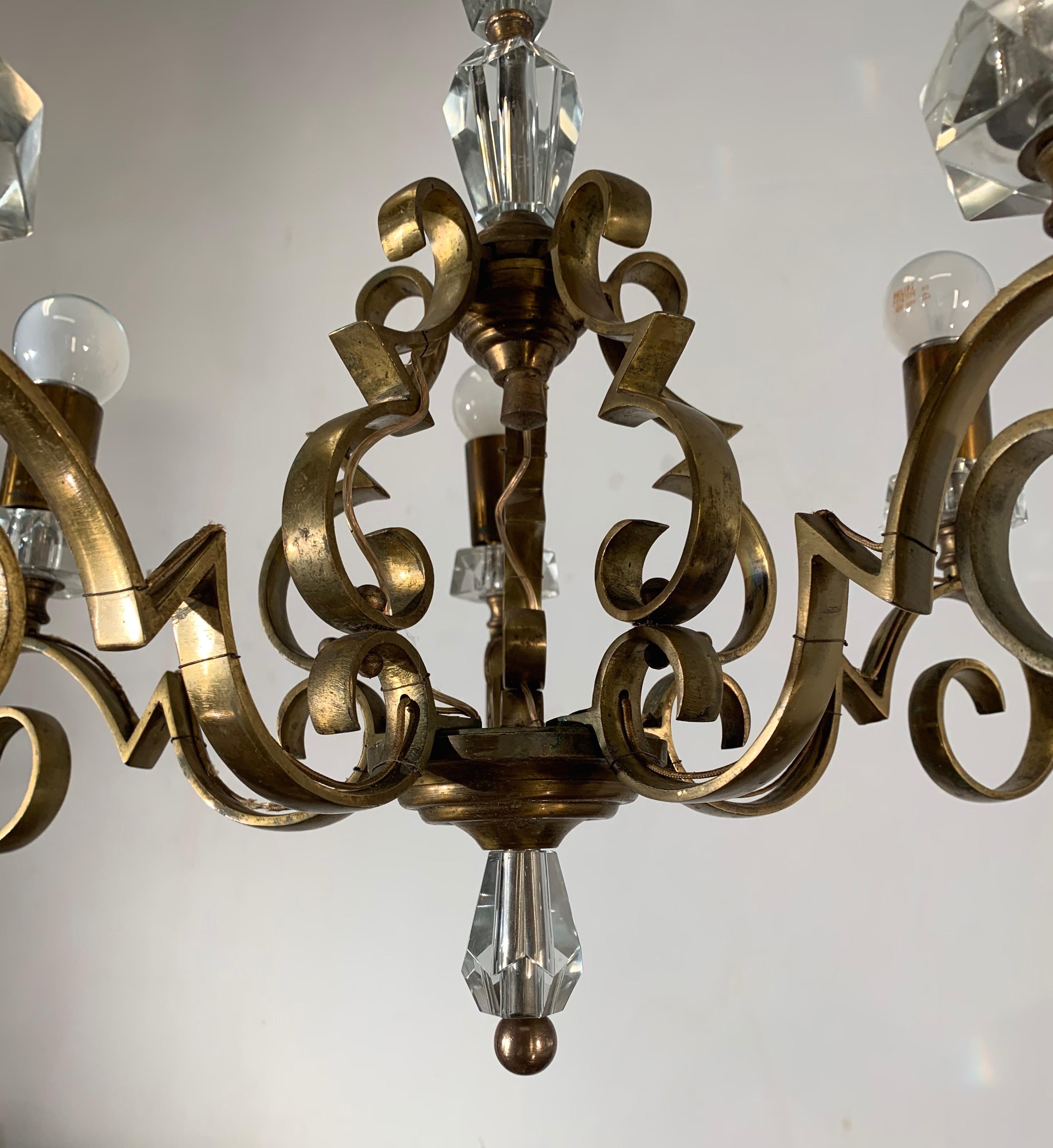 Rare and Handcrafted Jule Leleu Style 5 Light Bronze & Glass Art Deco Chandelier For Sale 12
