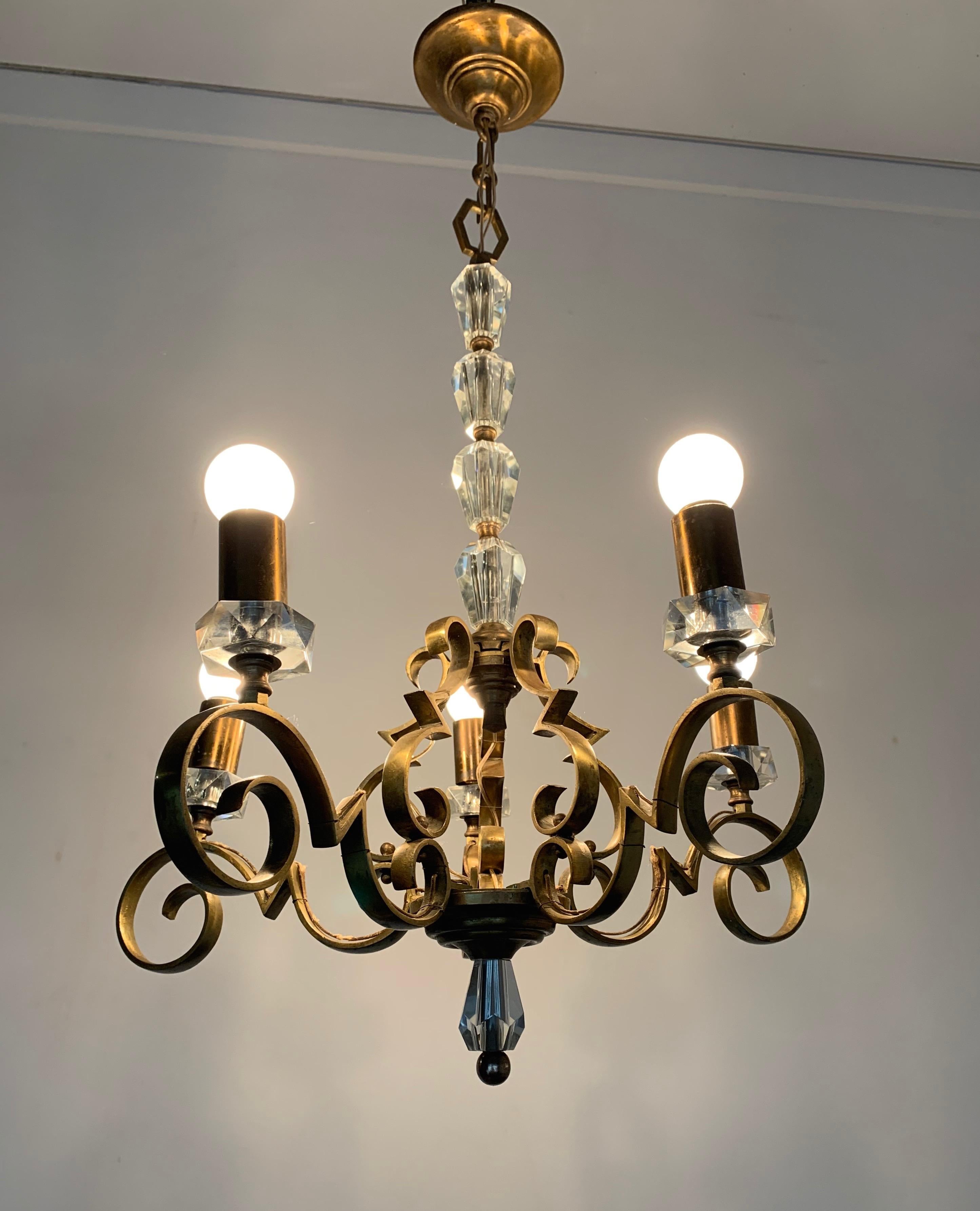 Rare and Handcrafted Jule Leleu Style 5 Light Bronze & Glass Art Deco Chandelier For Sale 13