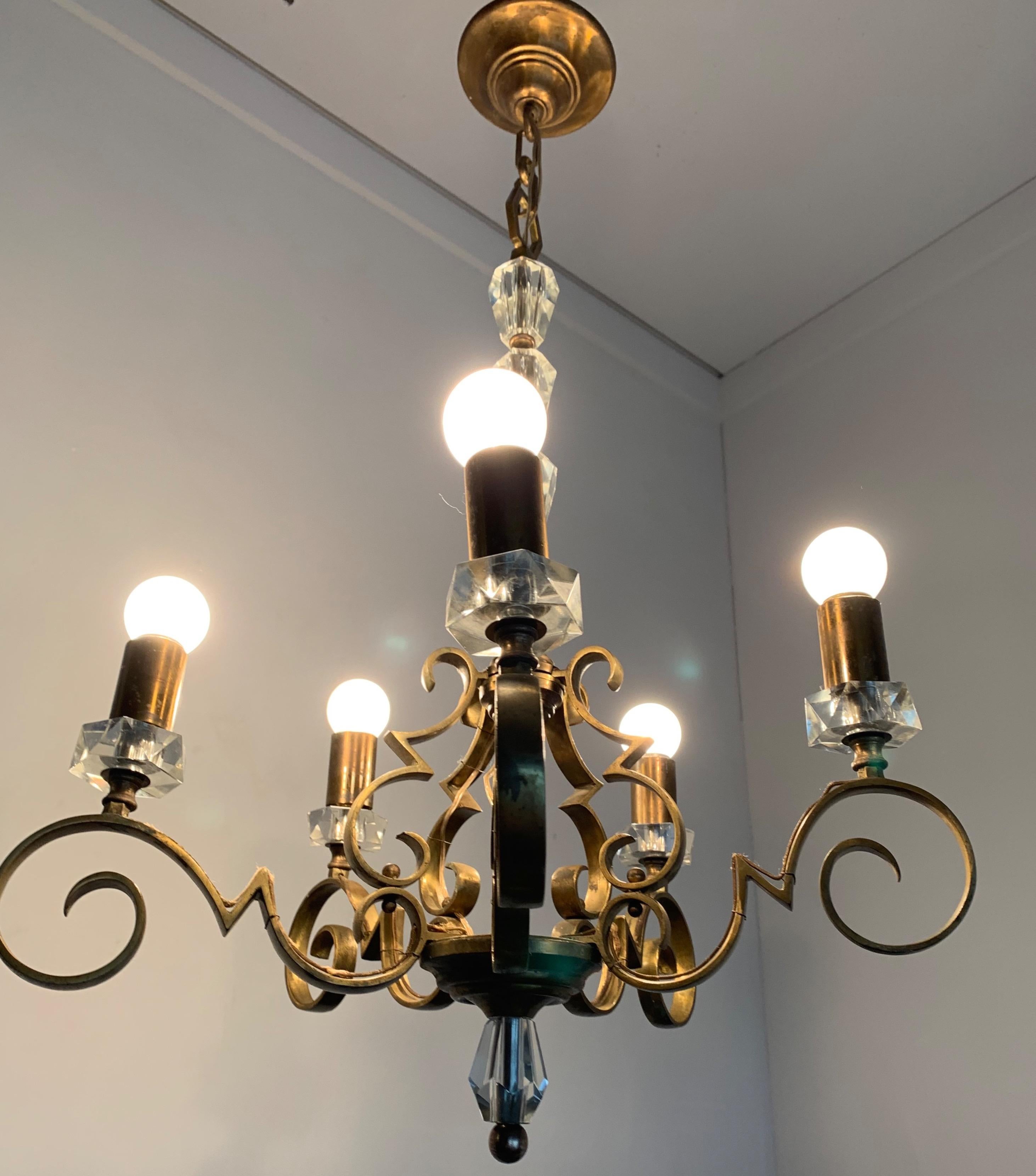 Rare and Handcrafted Jule Leleu Style 5 Light Bronze & Glass Art Deco Chandelier For Sale 14