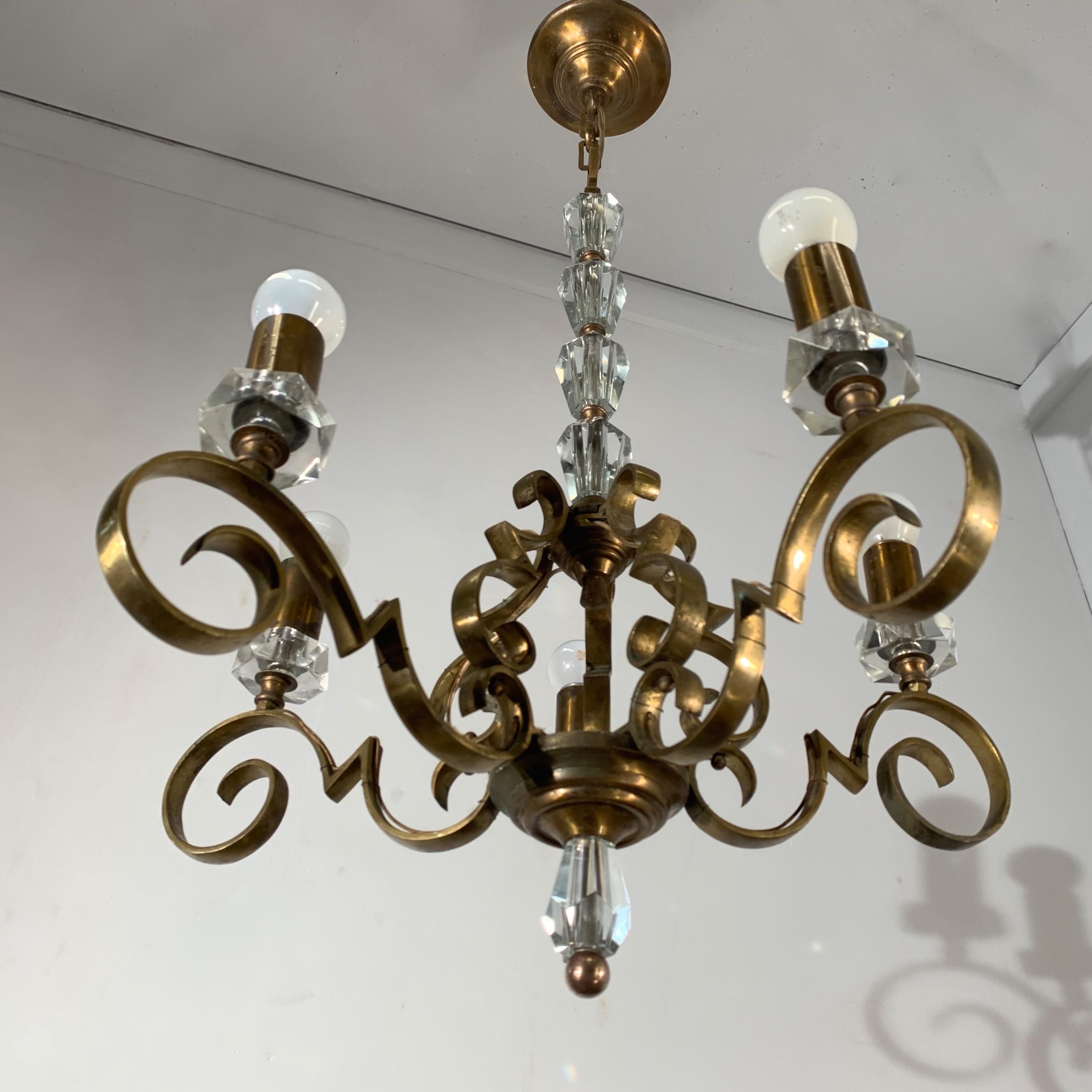 French Rare and Handcrafted Jule Leleu Style 5 Light Bronze & Glass Art Deco Chandelier For Sale