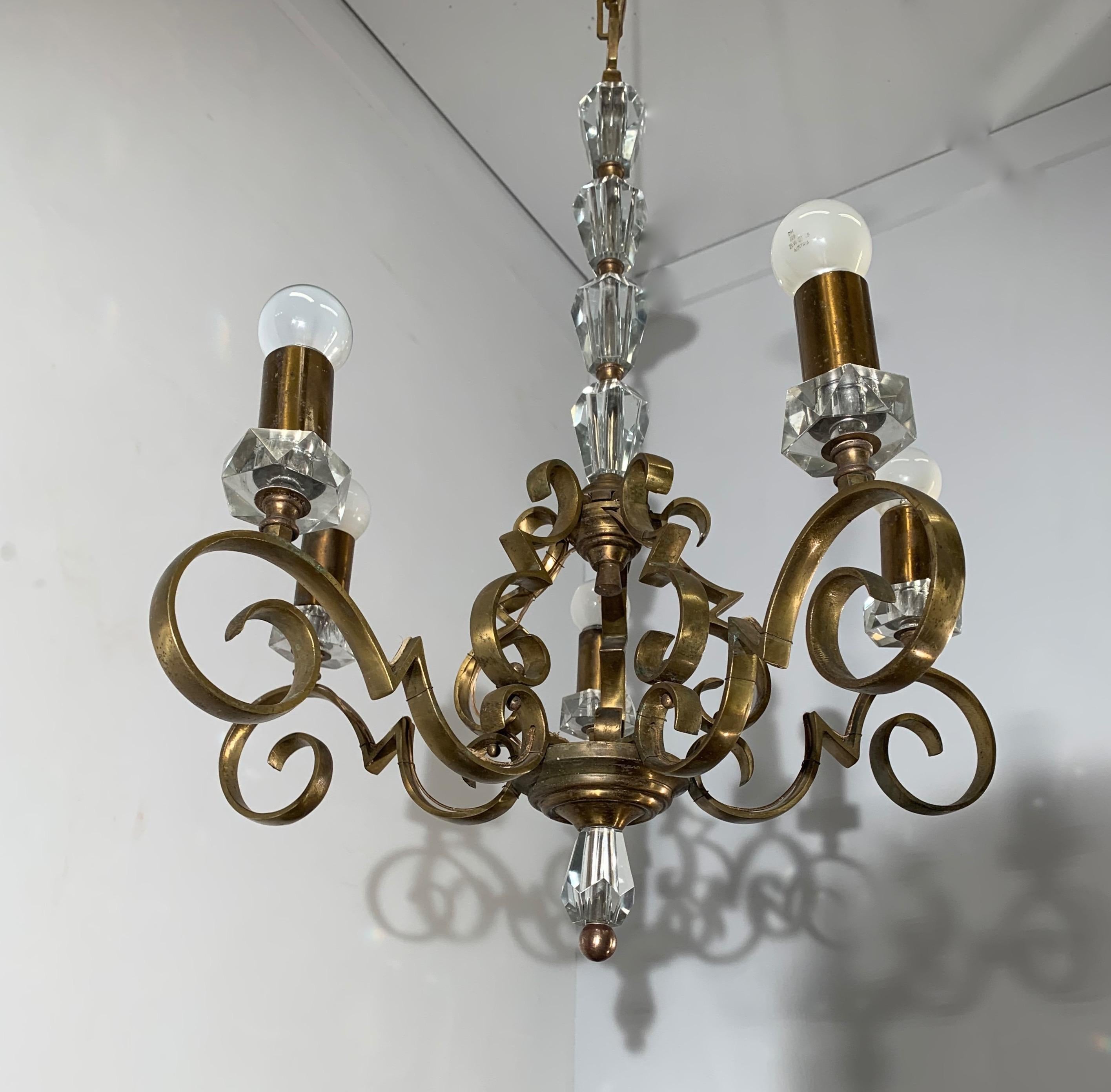 Hand-Crafted Rare and Handcrafted Jule Leleu Style 5 Light Bronze & Glass Art Deco Chandelier For Sale