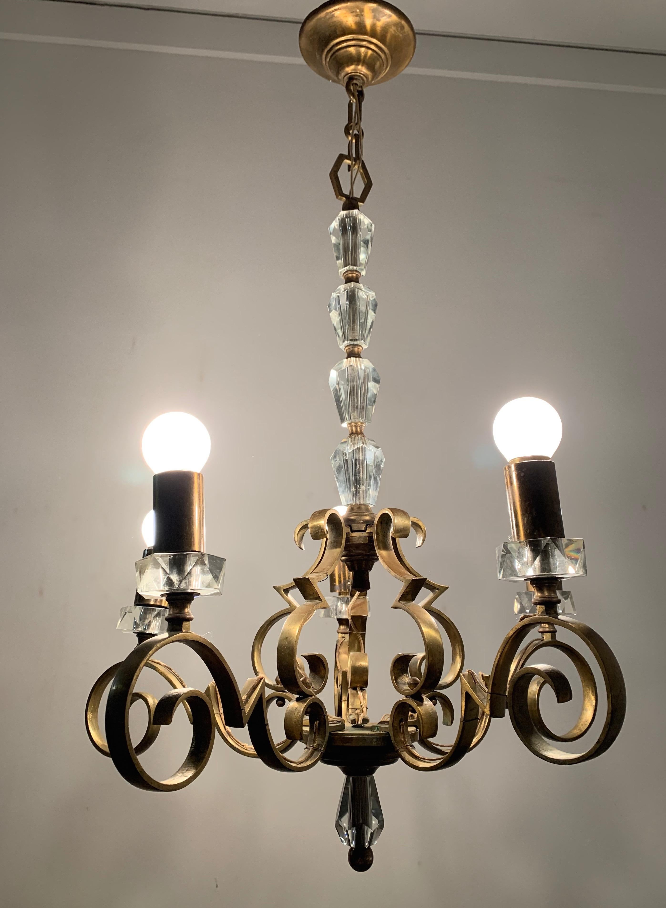 20th Century Rare and Handcrafted Jule Leleu Style 5 Light Bronze & Glass Art Deco Chandelier For Sale