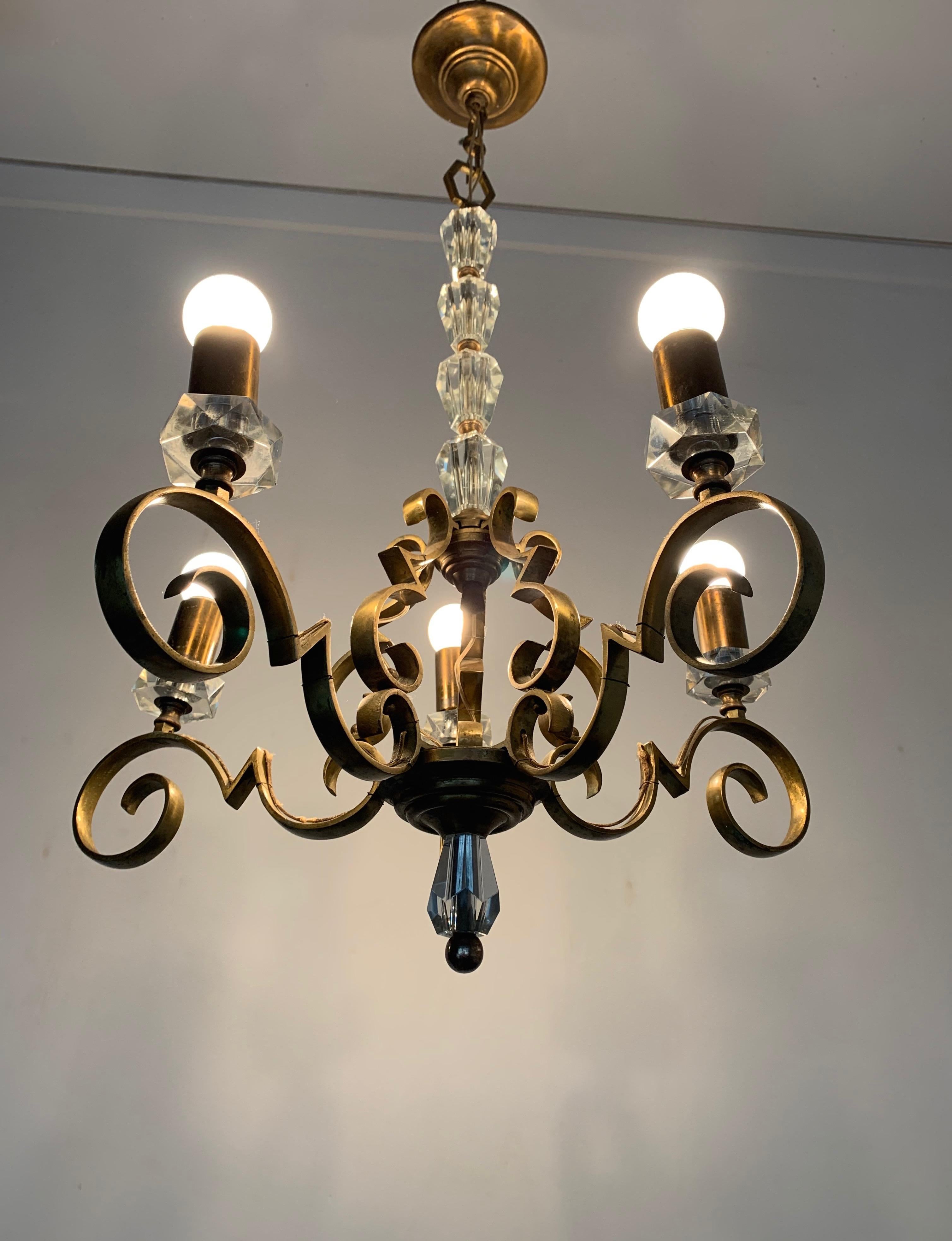 Rare and Handcrafted Jule Leleu Style 5 Light Bronze & Glass Art Deco Chandelier For Sale 1