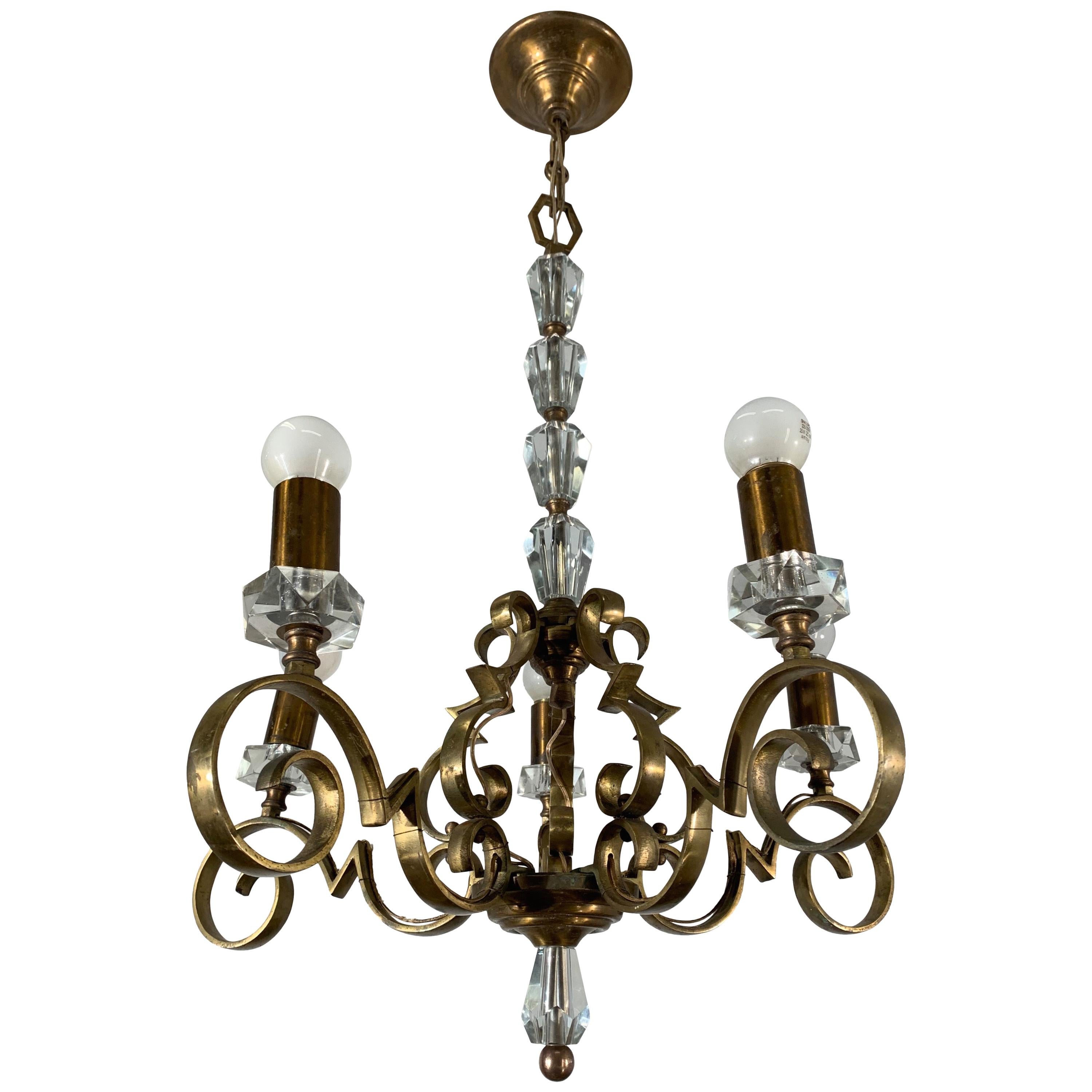 Araña Art Decó de 5 luces de bronce y cristal, estilo Jule Leleu, rara y artesanal