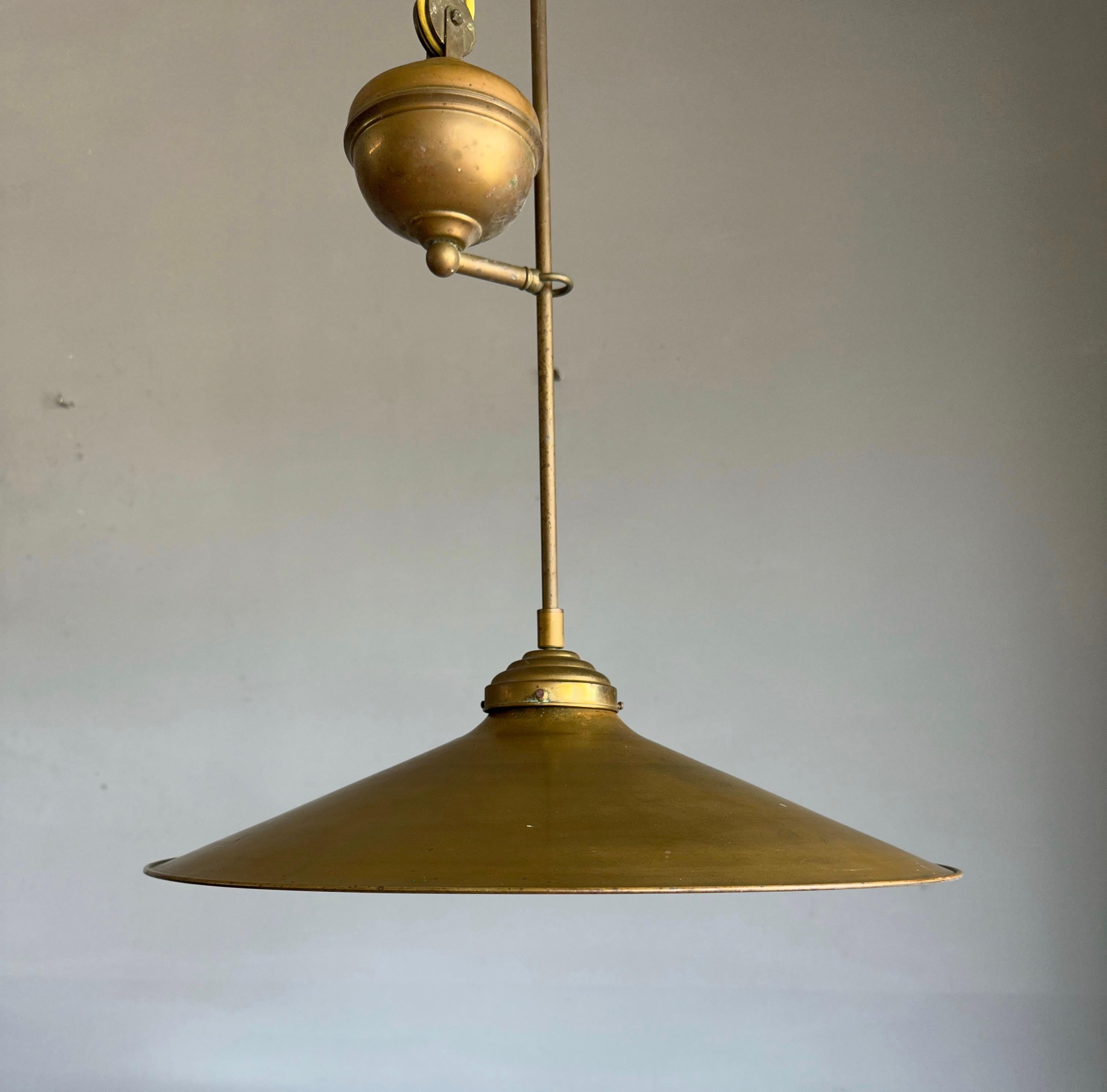 Patinated Rare and Handcrafted Mid-Century Modern Brass and Bronze Pendant, Ceiling Light For Sale