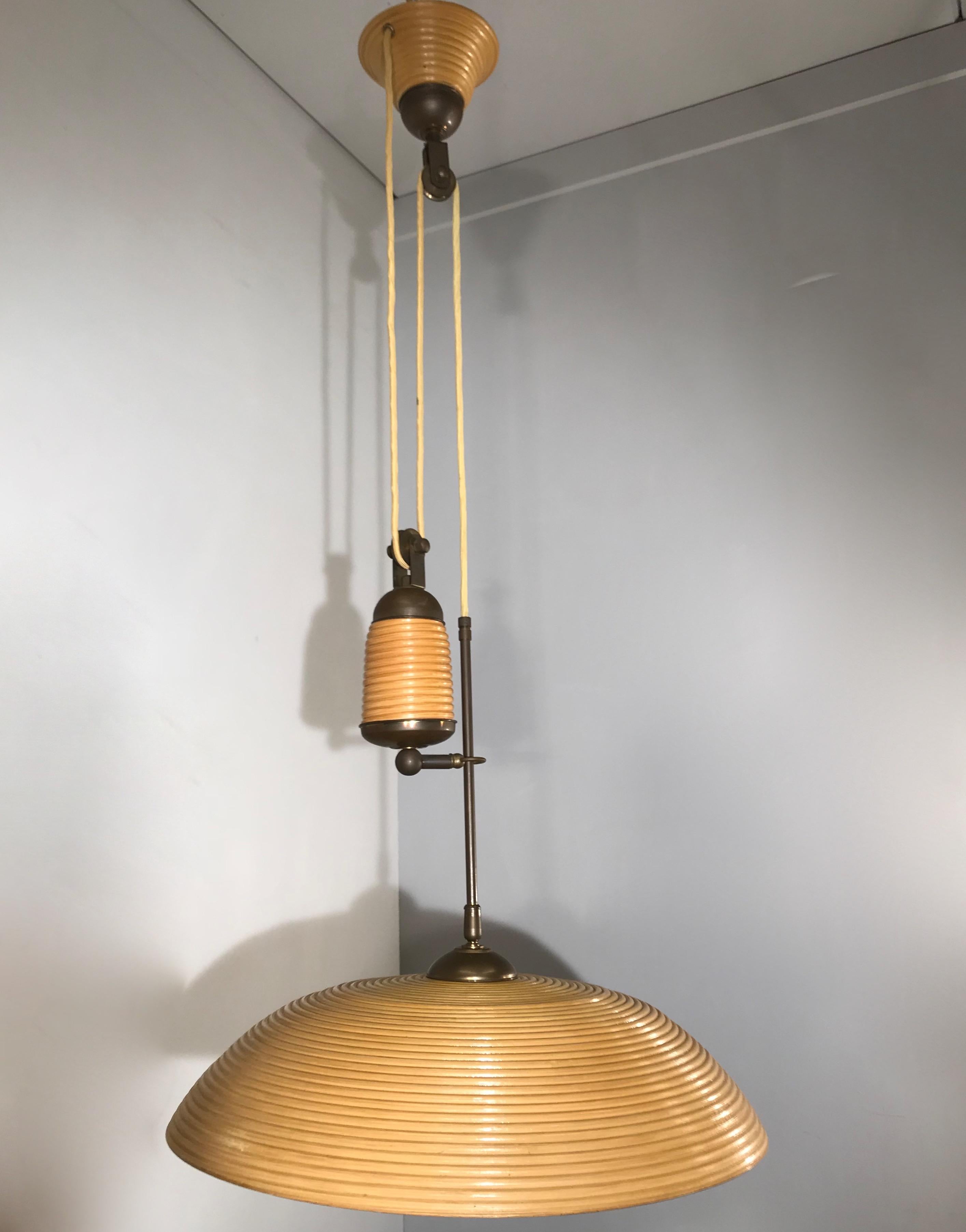 Rare and Handcrafted Mid-Century Modern Rattan and Brass Pendant Light, Lamp 4