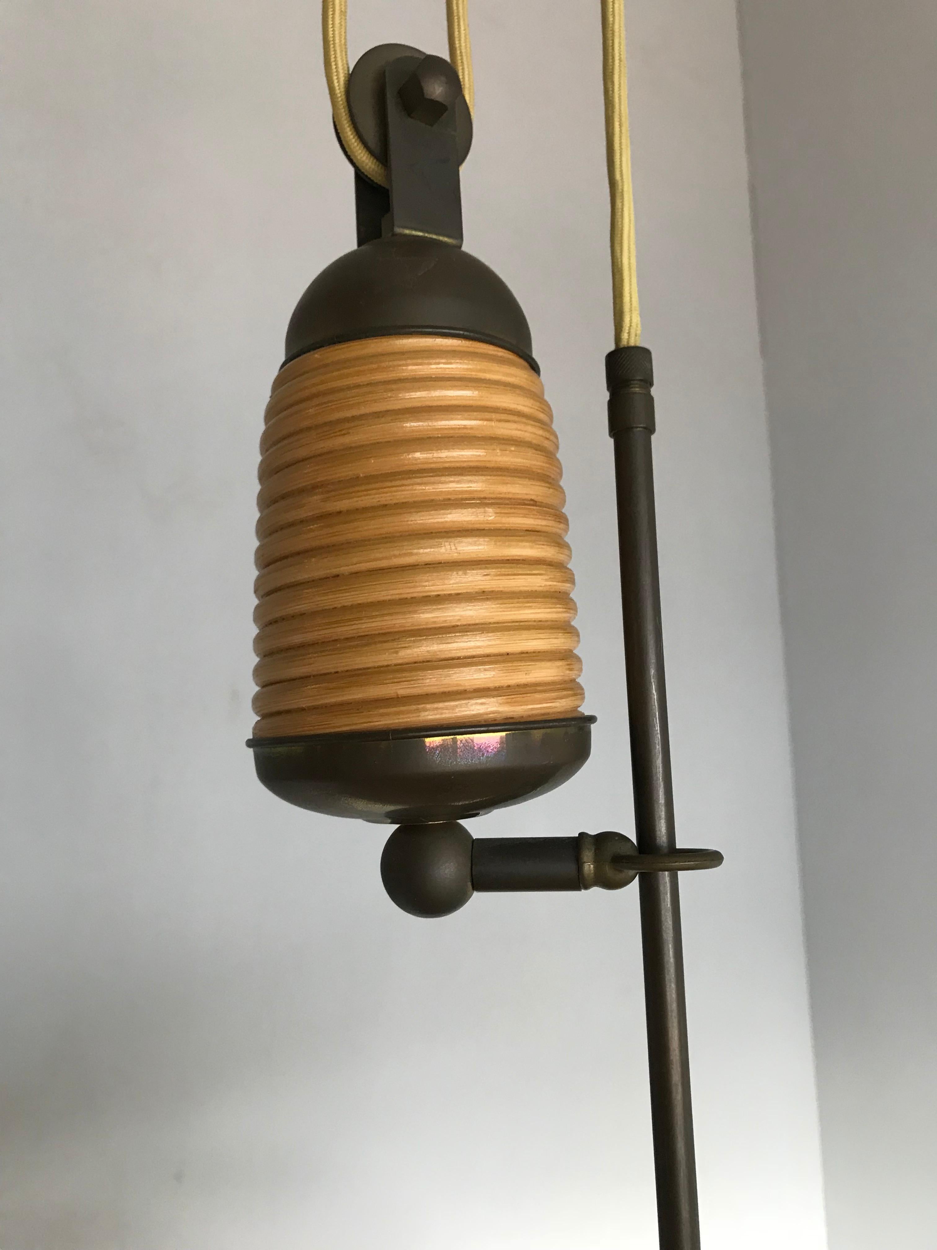 Rare and Handcrafted Mid-Century Modern Rattan and Brass Pendant Light, Lamp 6
