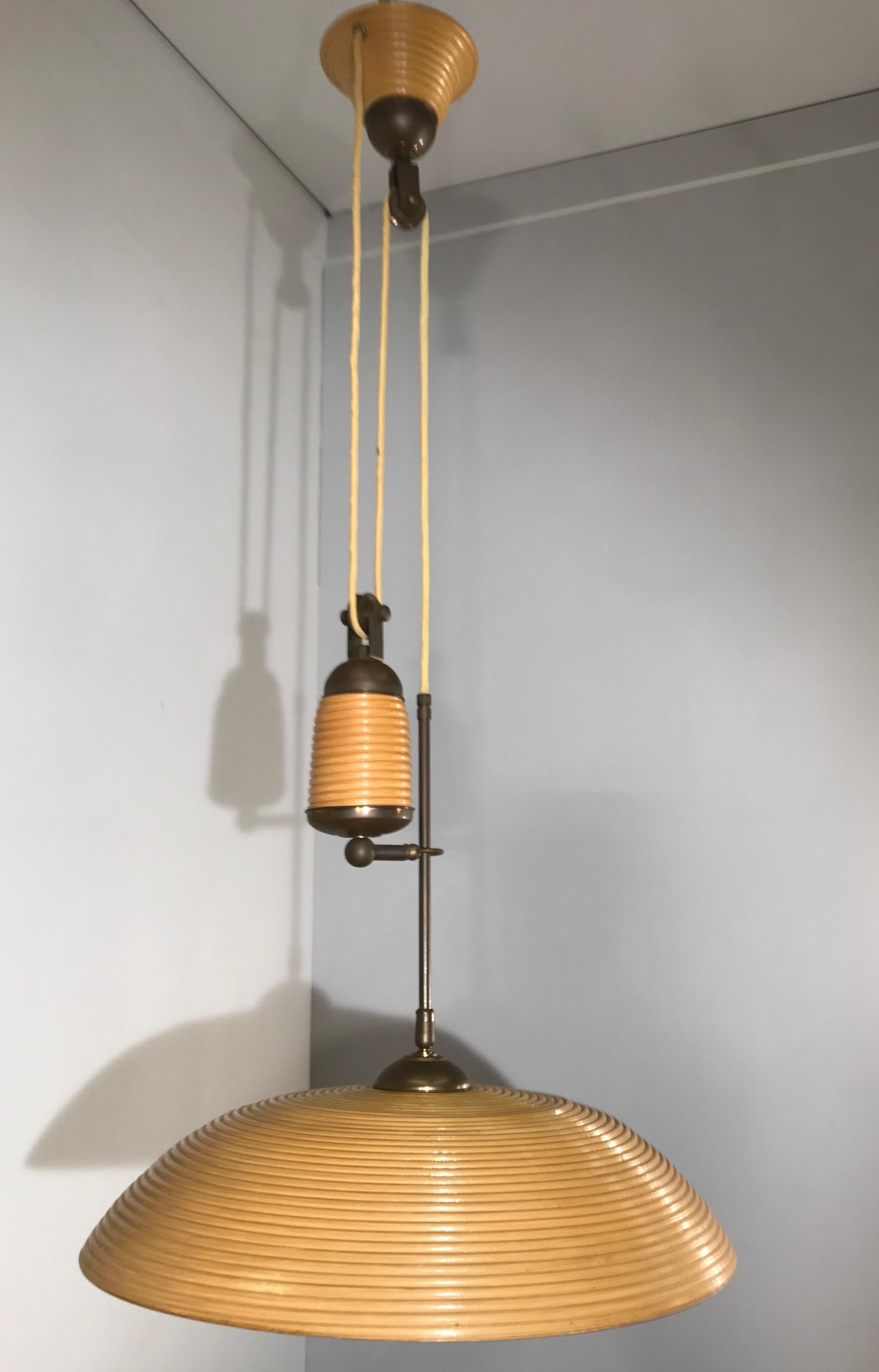 Rare and Handcrafted Mid-Century Modern Rattan and Brass Pendant Light, Lamp 9