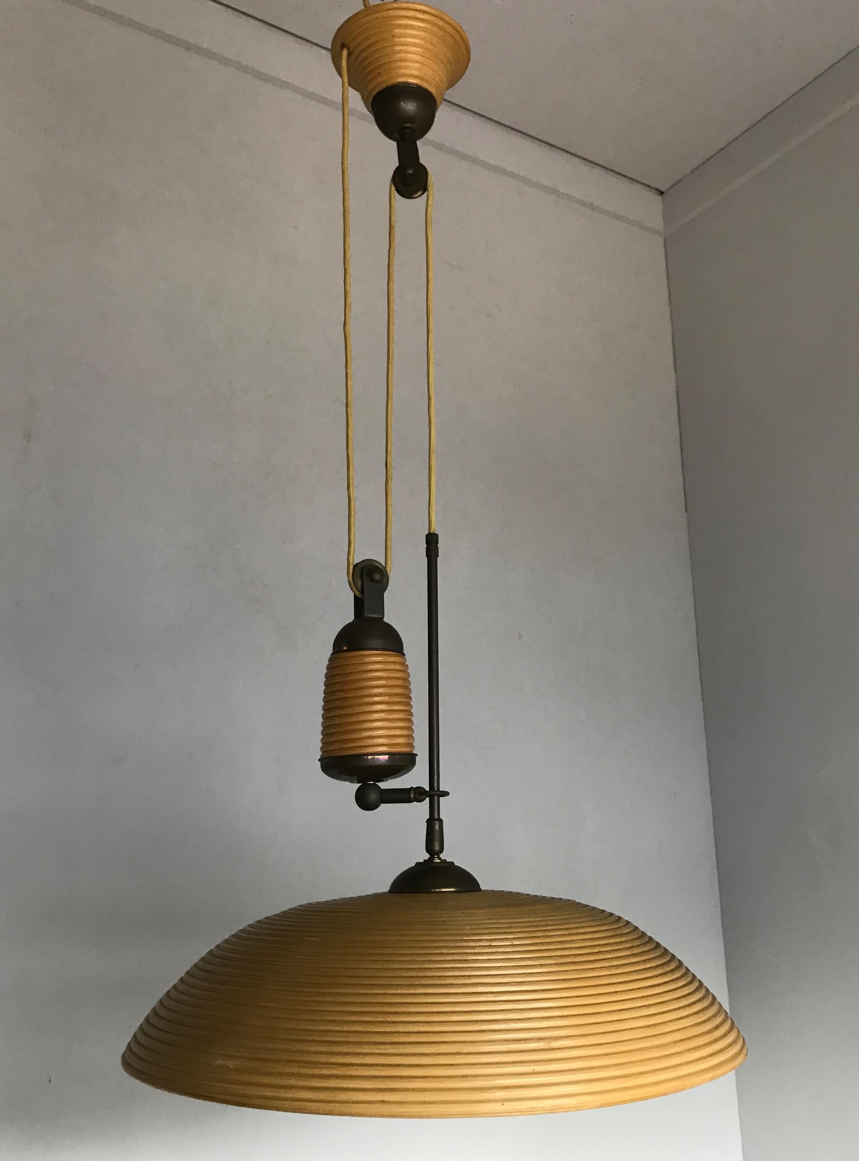 Rare and Handcrafted Mid-Century Modern Rattan and Brass Pendant Light, Lamp 10