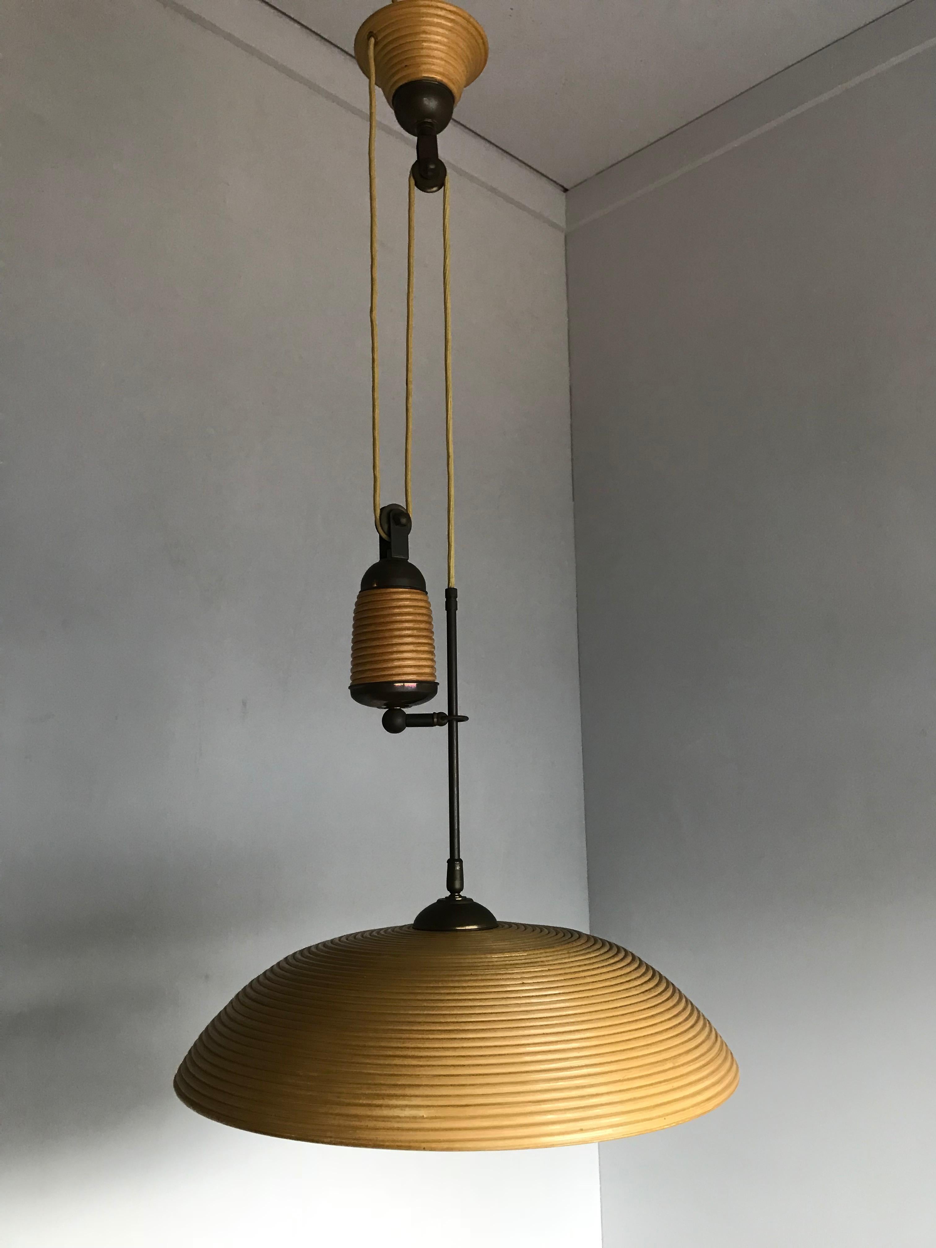 Rare and Handcrafted Mid-Century Modern Rattan and Brass Pendant Light, Lamp 11