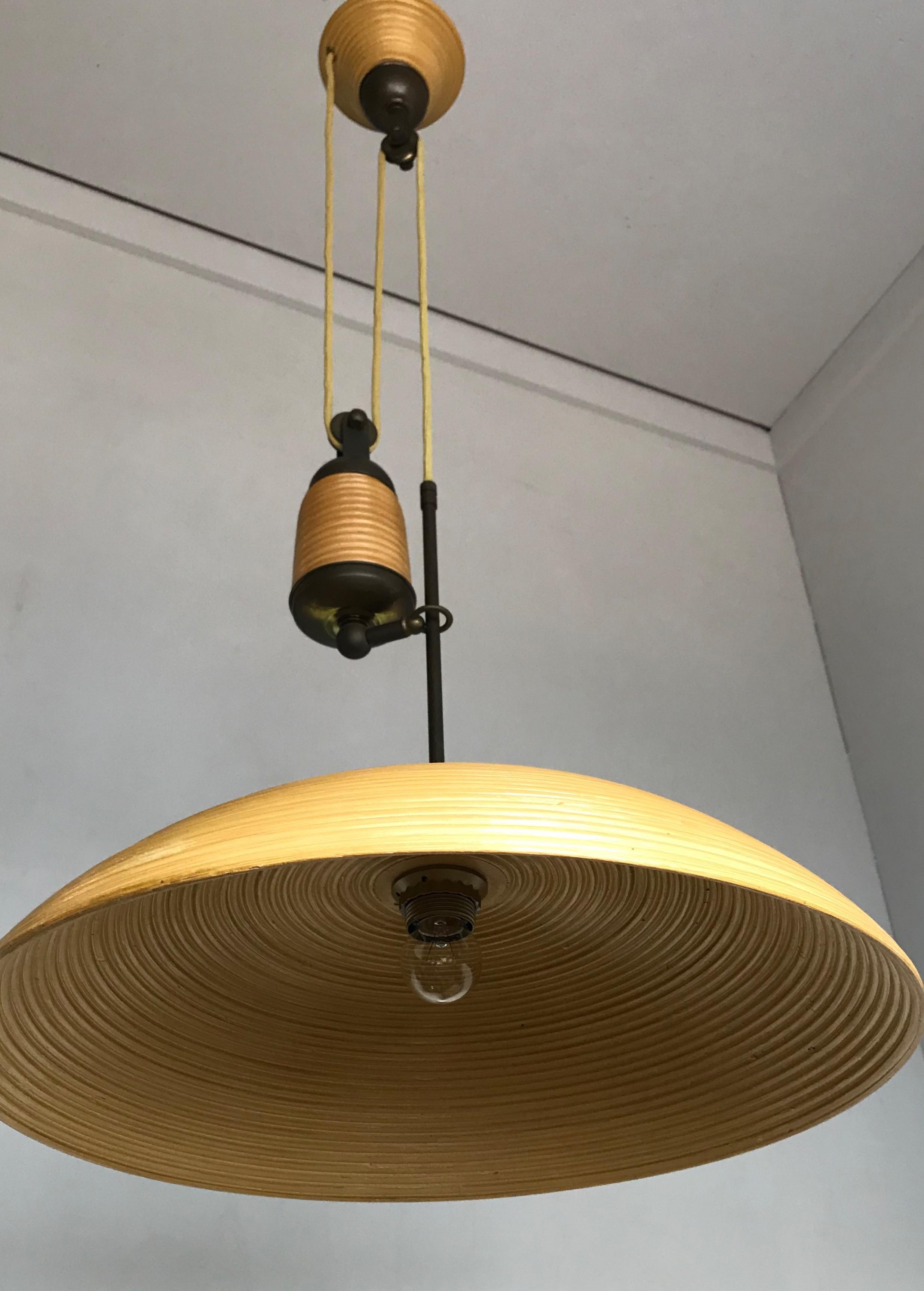 Hand-Crafted Rare and Handcrafted Mid-Century Modern Rattan and Brass Pendant Light, Lamp