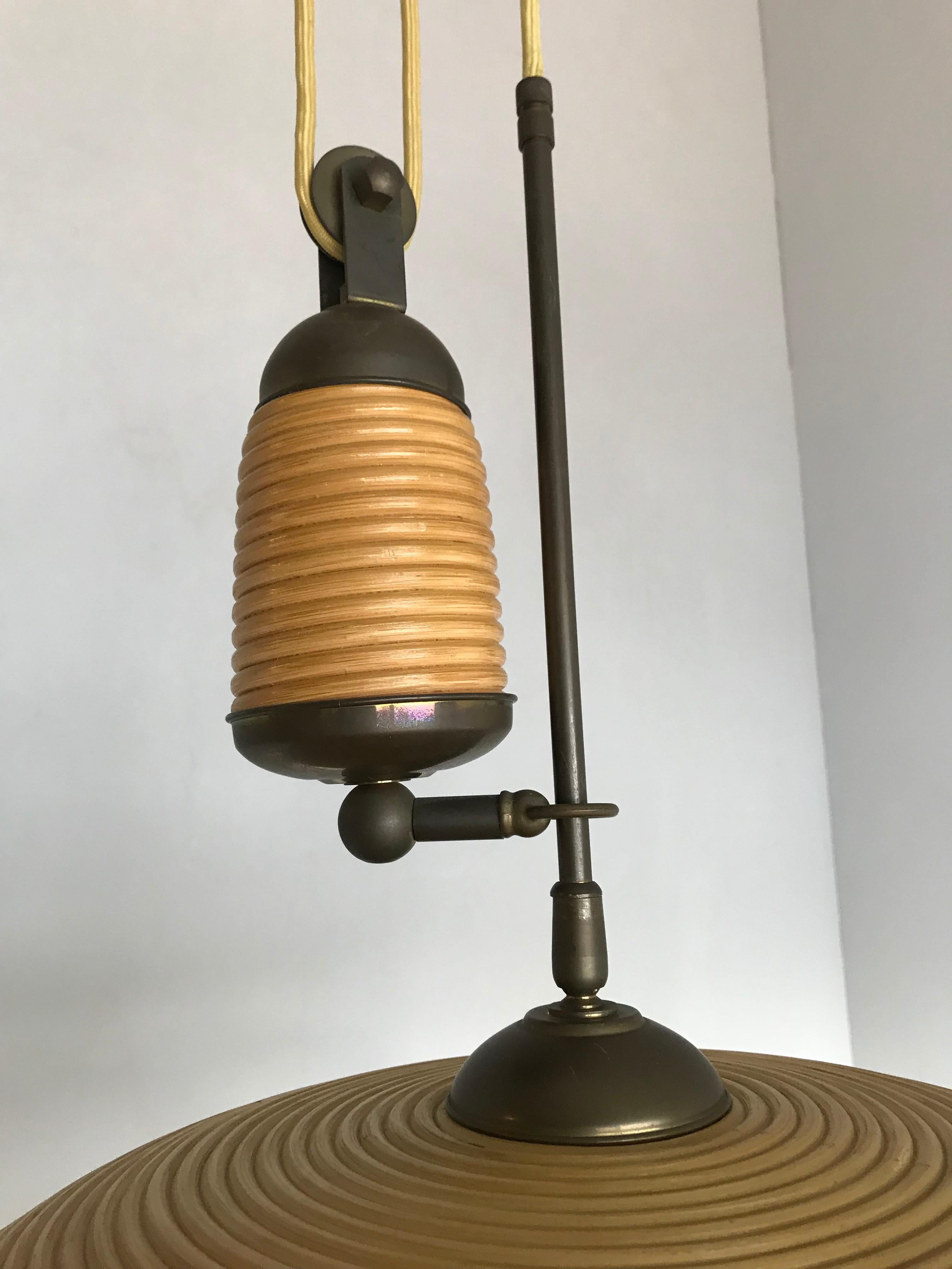 Rare and Handcrafted Mid-Century Modern Rattan and Brass Pendant Light, Lamp 2