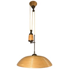 Rare and Handcrafted Mid-Century Modern Rattan and Brass Pendant Light, Lamp