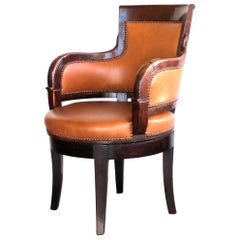 Rare and Handsome French Empire Walnut Leather-Upholstered Swivel Desk Chair