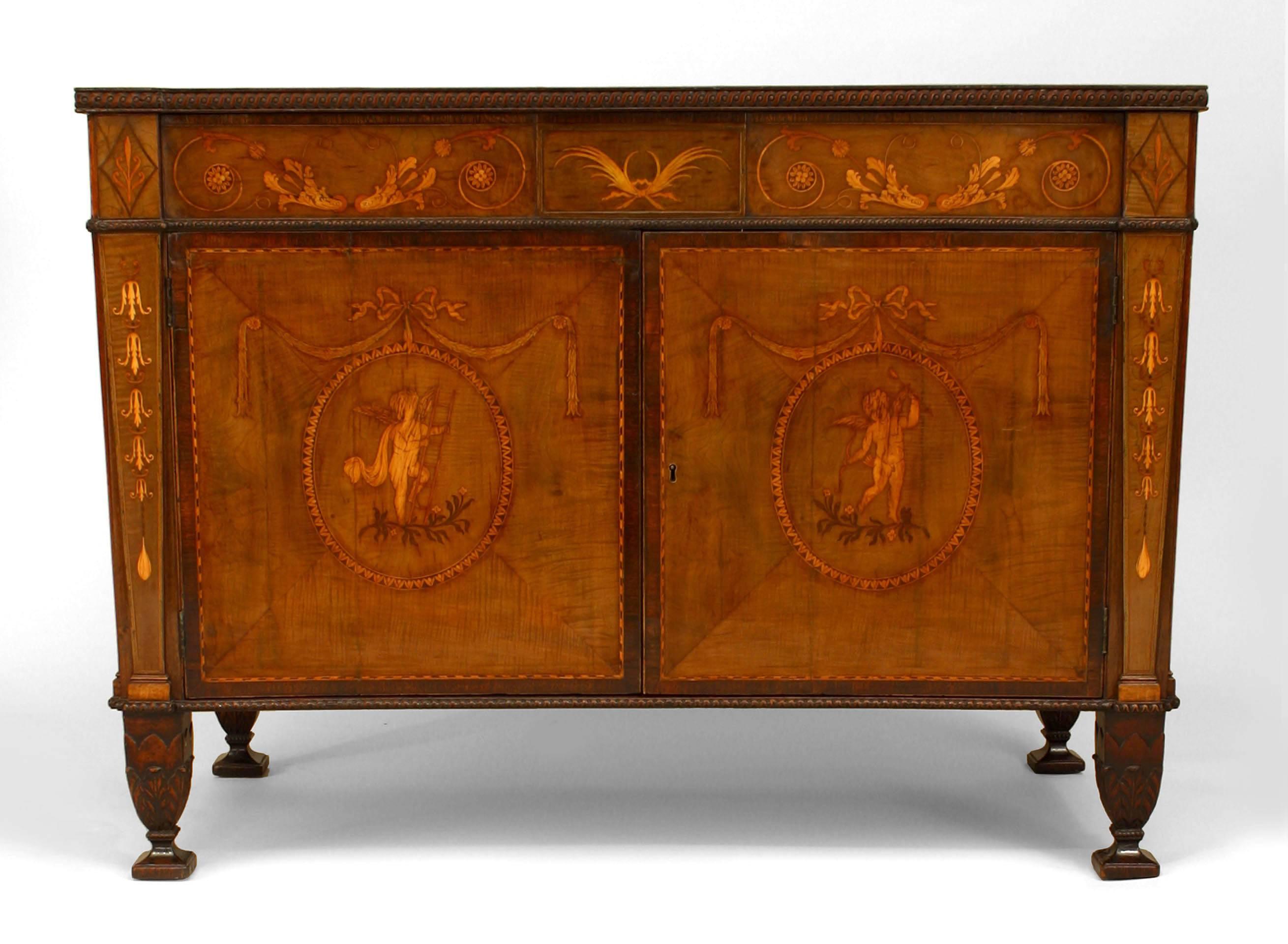 English Adam style (18th Century) mahogany commode with 2 doors and satinwood inlaid figures, swags and decoration supported on carved square tapered feet (Attributed to INCE & MAYHEW)
