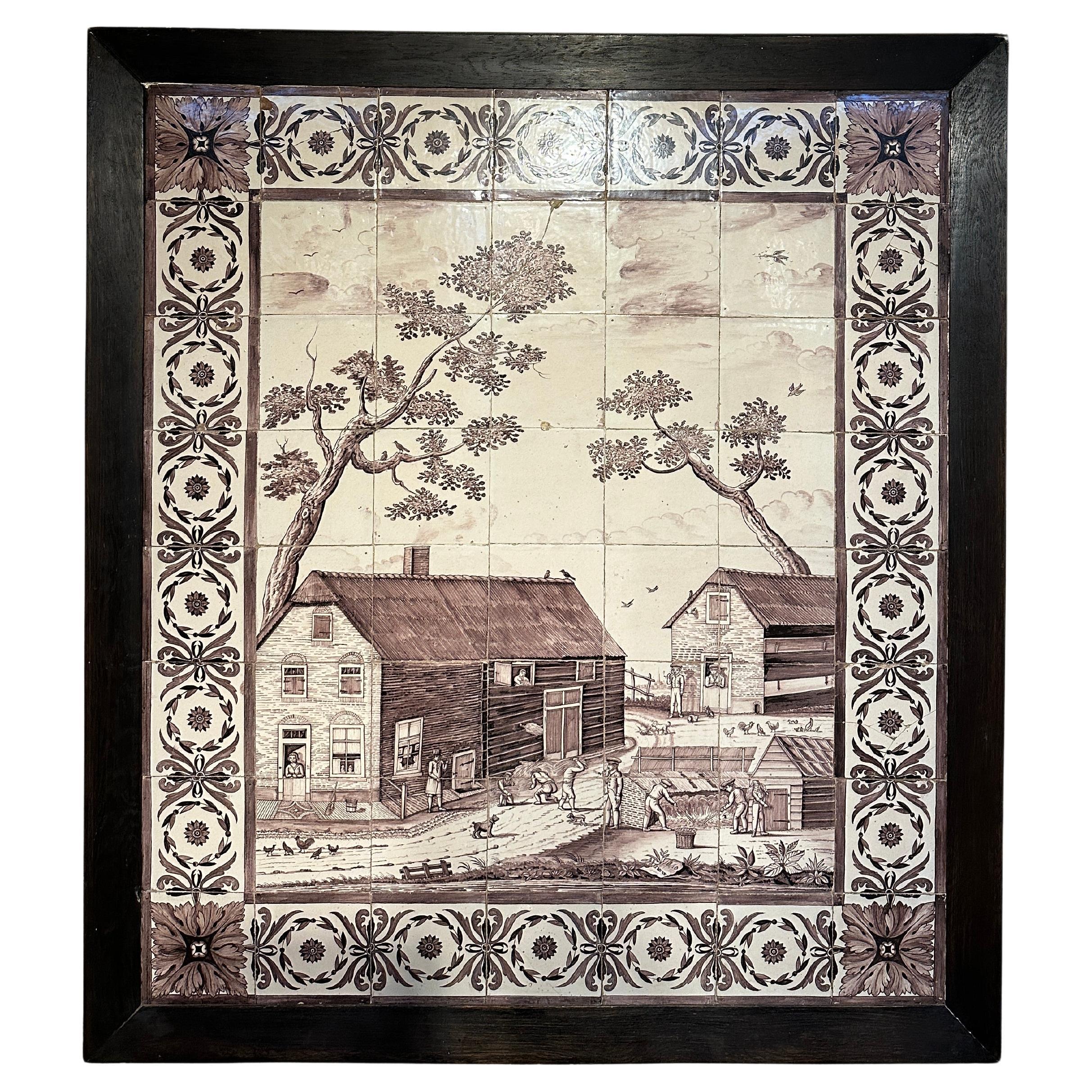 Rare and Important Dutch Tile Panel of a Dutch Farmhouse, Signed and Dated 1840 For Sale
