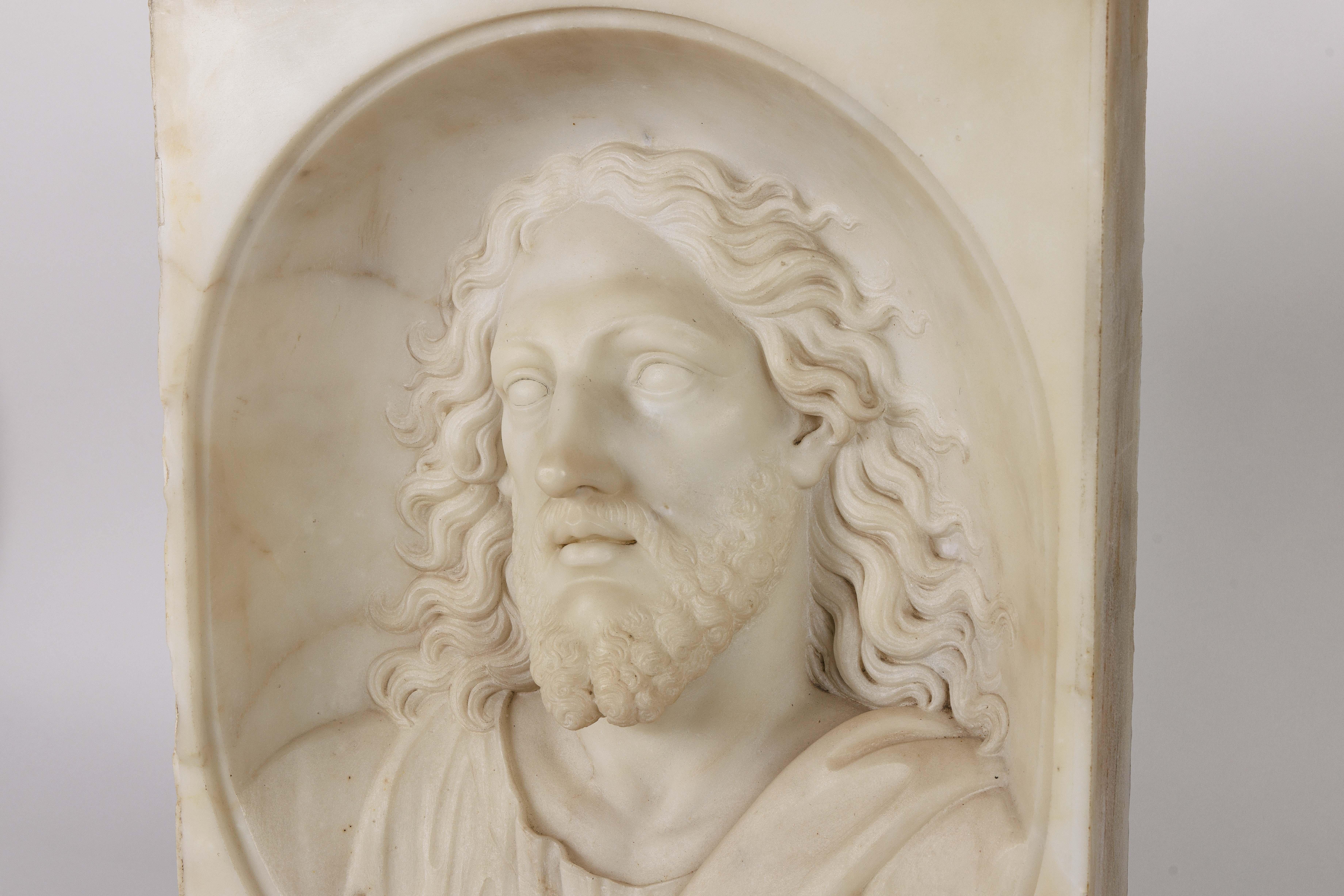 Rare and important Italian white marble bust sculpture of Jesus Christ, C. 1850.

A truly exceptionally carved marble relief of Holy Jesus Christ. Very powerful and dramatic- a museum worthy sculpture.

Unsigned, but definitely by a master