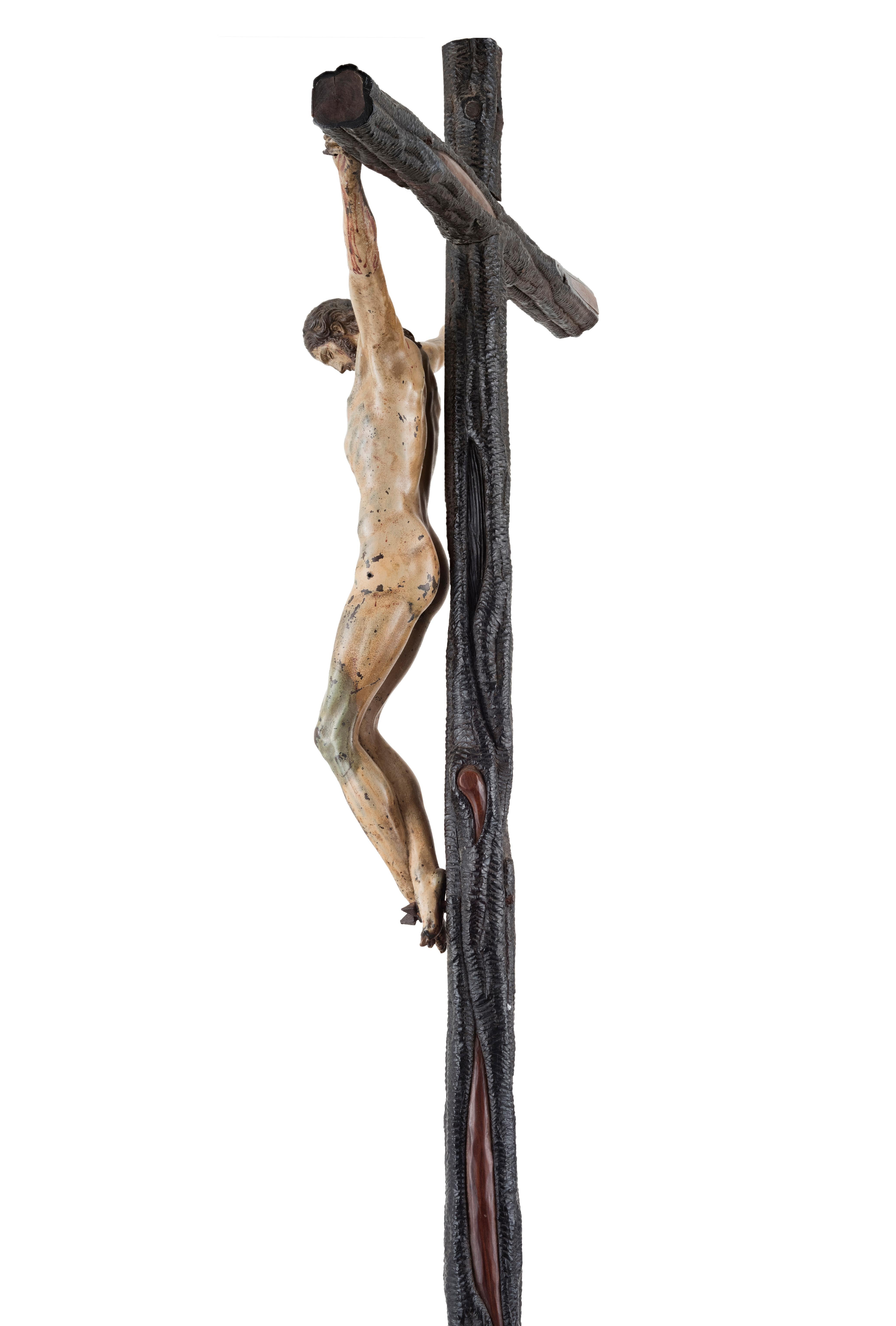 Renaissance Rare and important painted bronze Crucifix after a model by Michelangelo For Sale