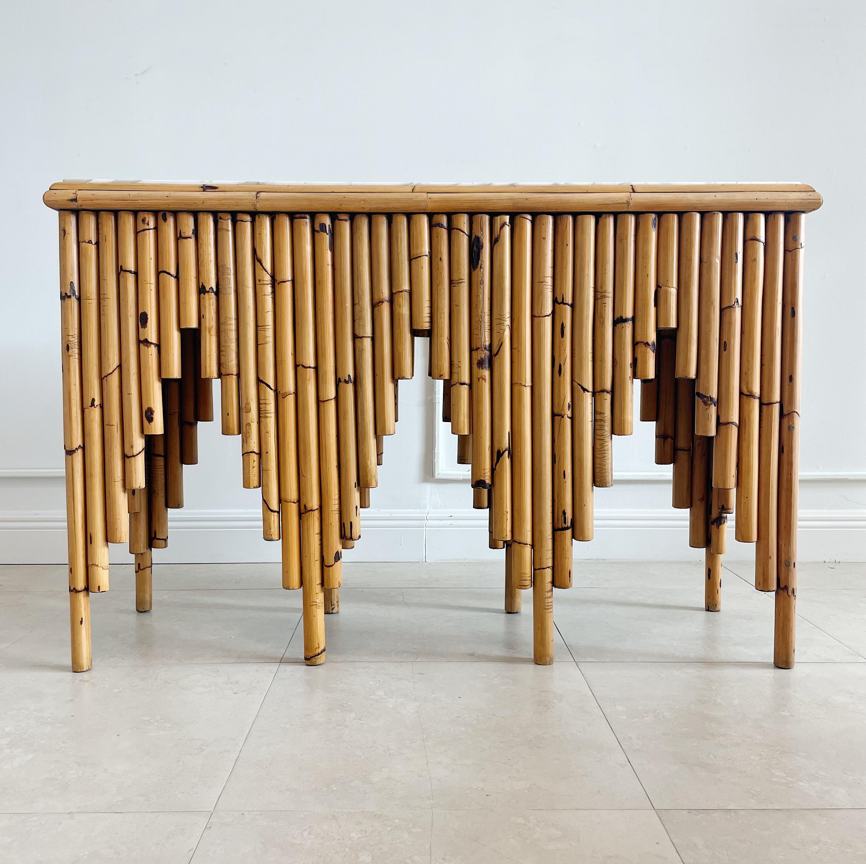 Rare and Important Pair of Henry Olko Bamboo & Marble 'Calliope' Console Tables 4