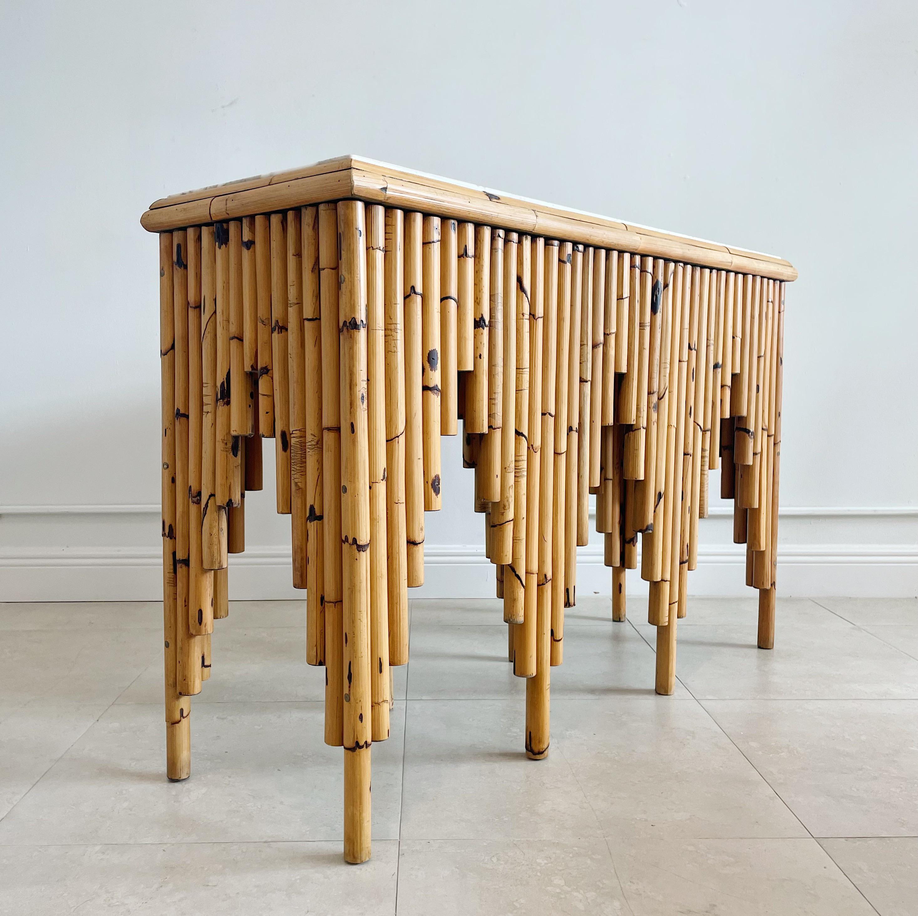 Hand-Crafted Rare and Important Pair of Henry Olko Bamboo & Marble 'Calliope' Console Tables