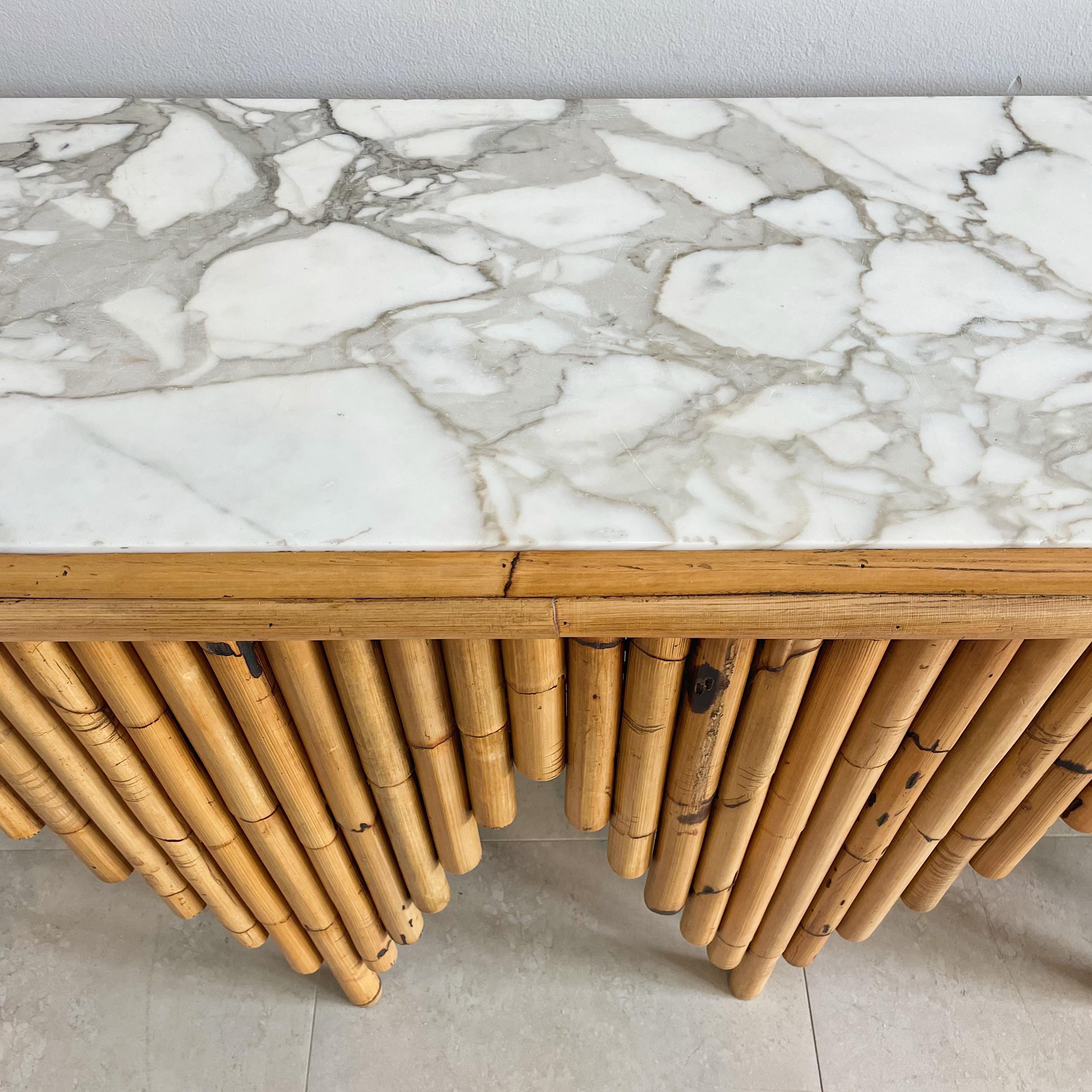 Rare and Important Pair of Henry Olko Bamboo & Marble 'Calliope' Console Tables In Good Condition In West Palm Beach, FL