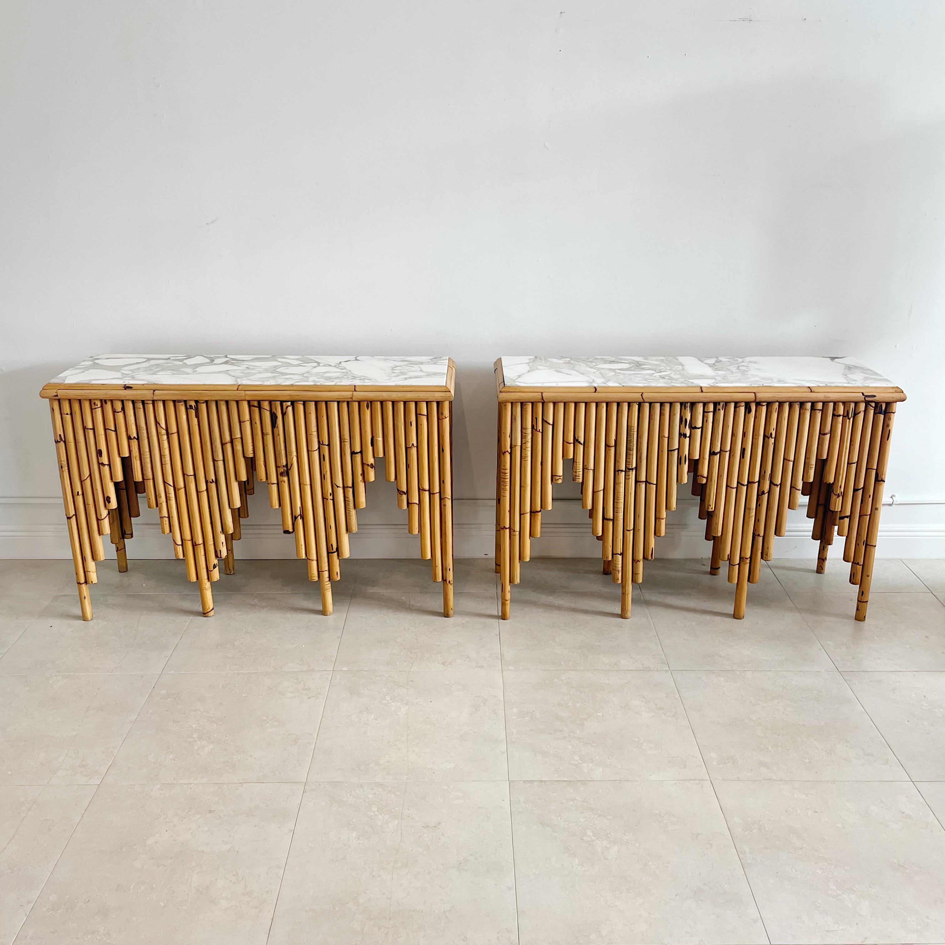 Rare and Important Pair of Henry Olko Bamboo & Marble 'Calliope' Console Tables 1