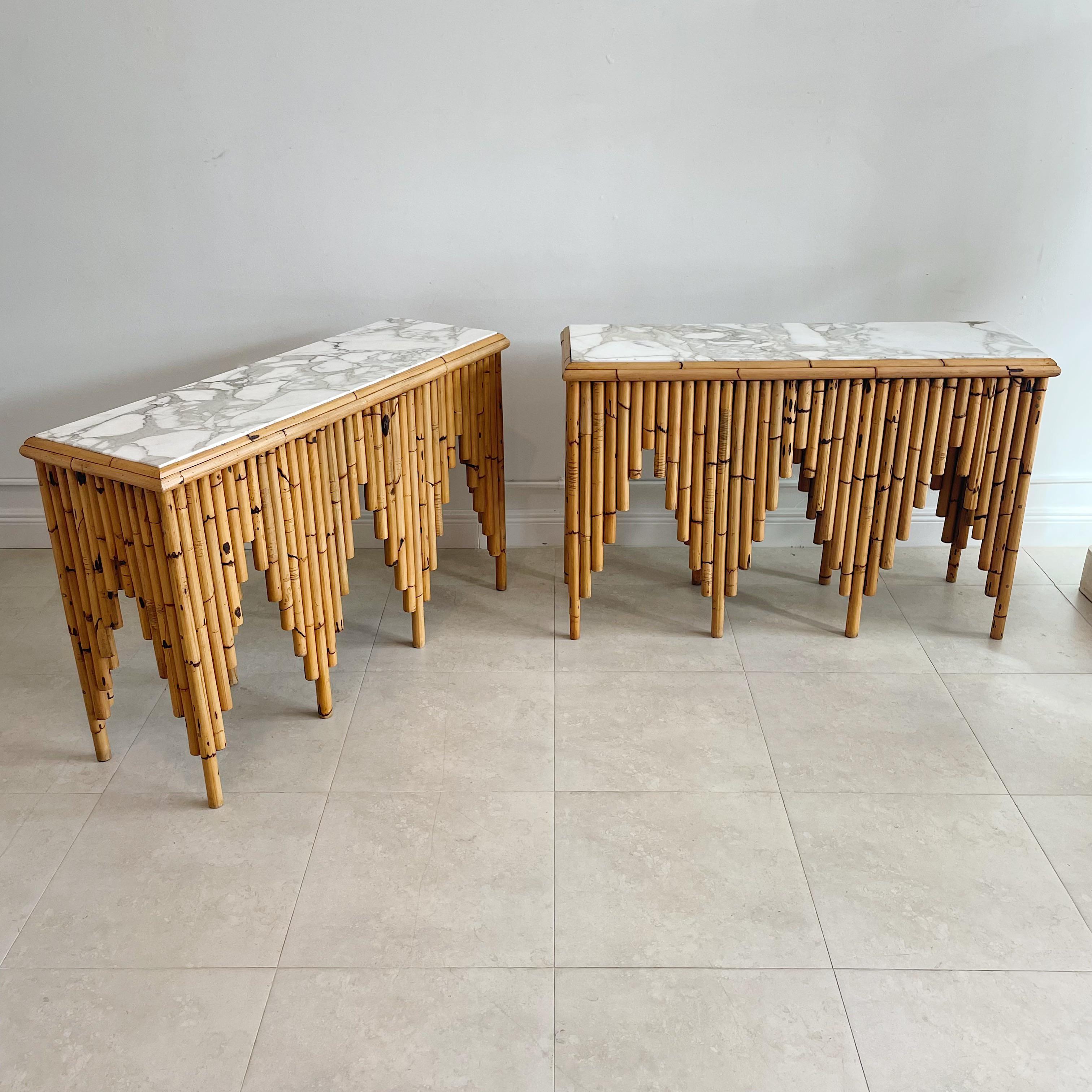 Rare and Important Pair of Henry Olko Bamboo & Marble 'Calliope' Console Tables 2