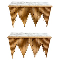 Rare and Important Pair of Henry Olko Bamboo & Marble 'Calliope' Console Tables