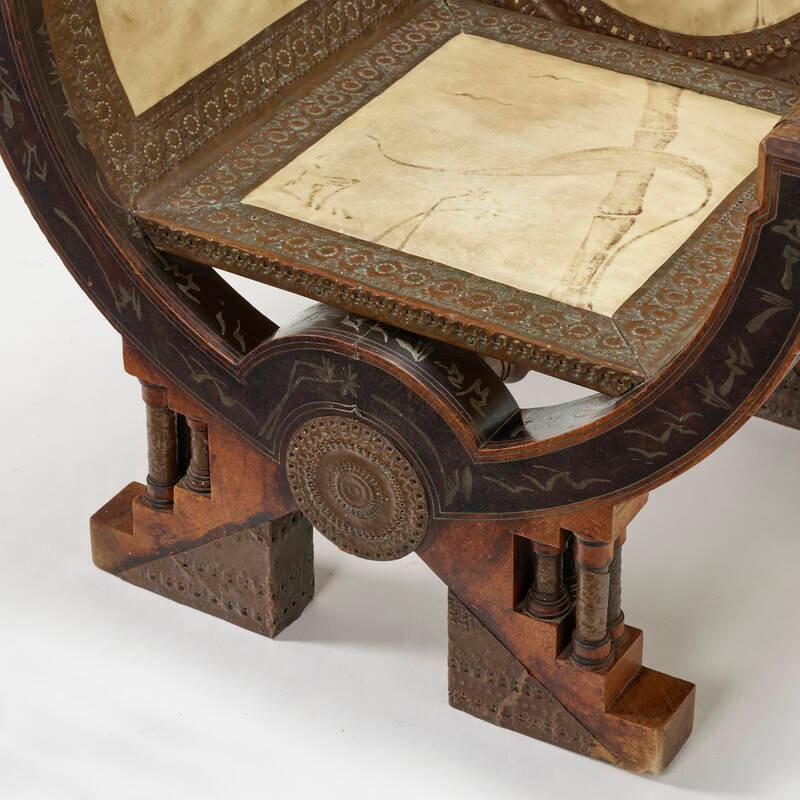 Rare and Important Throne Chair in Pewter Copper and Parchment by Carlo Bugatti In Good Condition In Montreal, QC