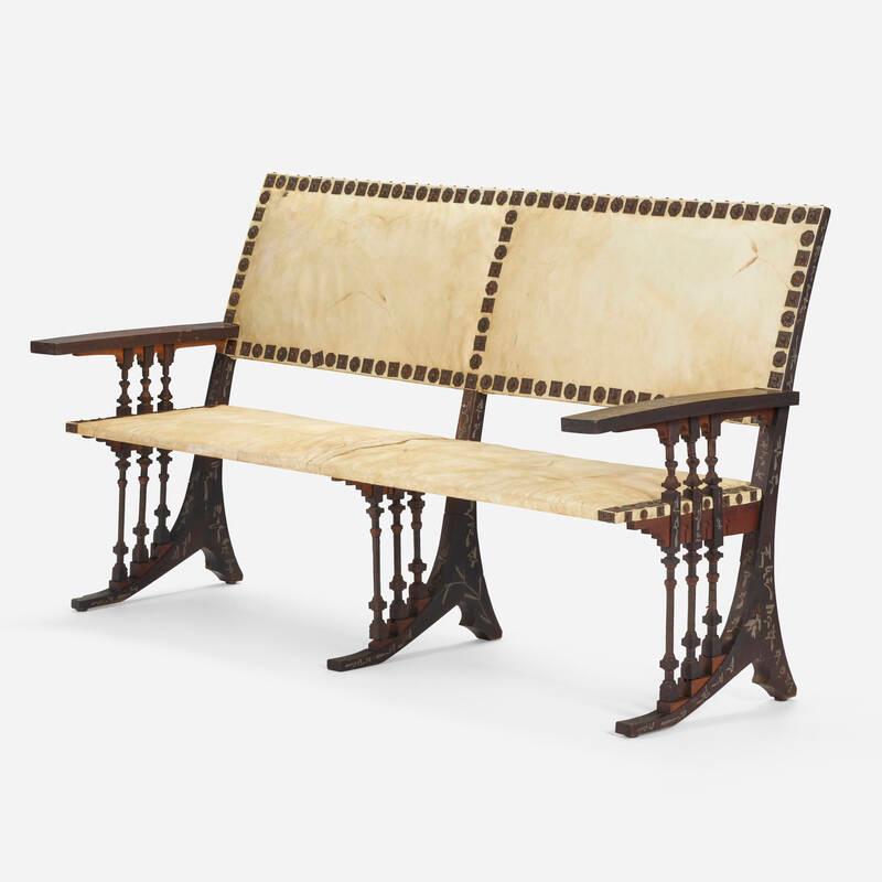 Carlo Bugatti bench upholstered with parchment, inlaid with pewter details and mounted with hammered copper decorations.Italy, c. 1906 literature: Carlo Bugatti au Musée d'Orsay, Massé, pg. 97 illustrates similar example and Literature: