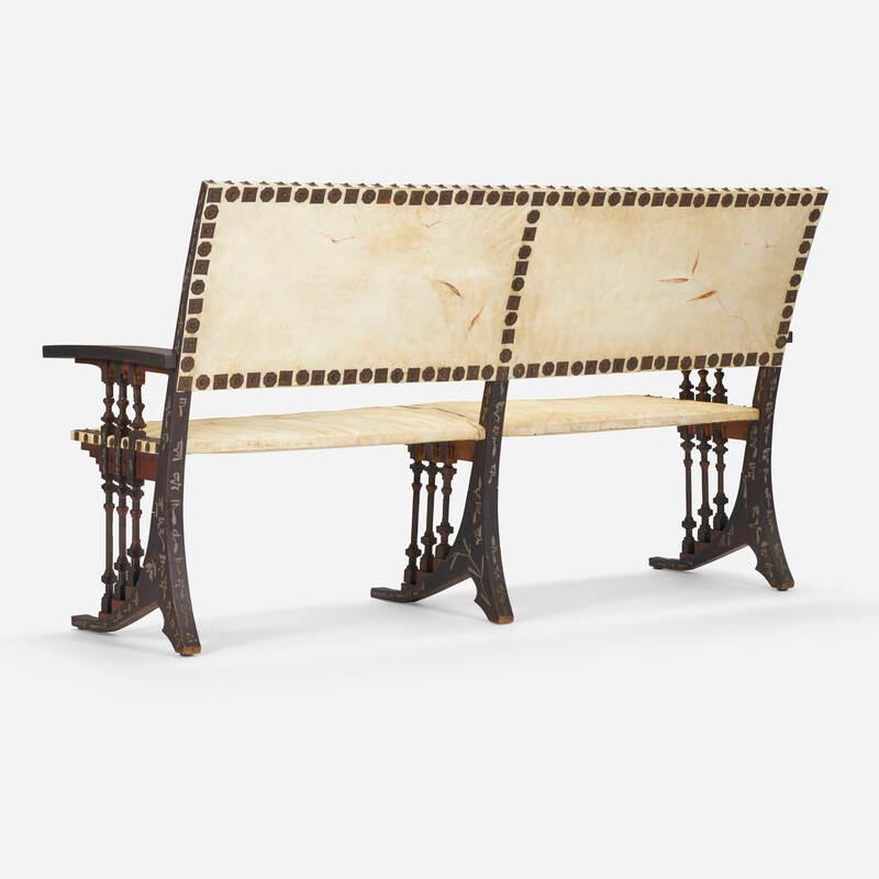 European Rare and  Important Walnut And Upholstered Parchment Bench By Carlo Bugatti For Sale