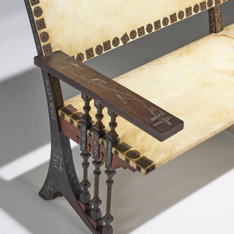 Rare and  Important Walnut And Upholstered Parchment Bench By Carlo Bugatti In Good Condition For Sale In Montreal, QC
