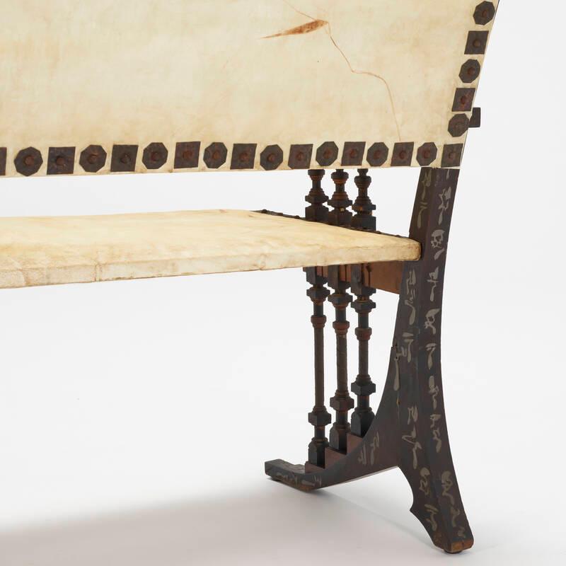 Rare and  Important Walnut And Upholstered Parchment Bench By Carlo Bugatti In Good Condition For Sale In Montreal, QC