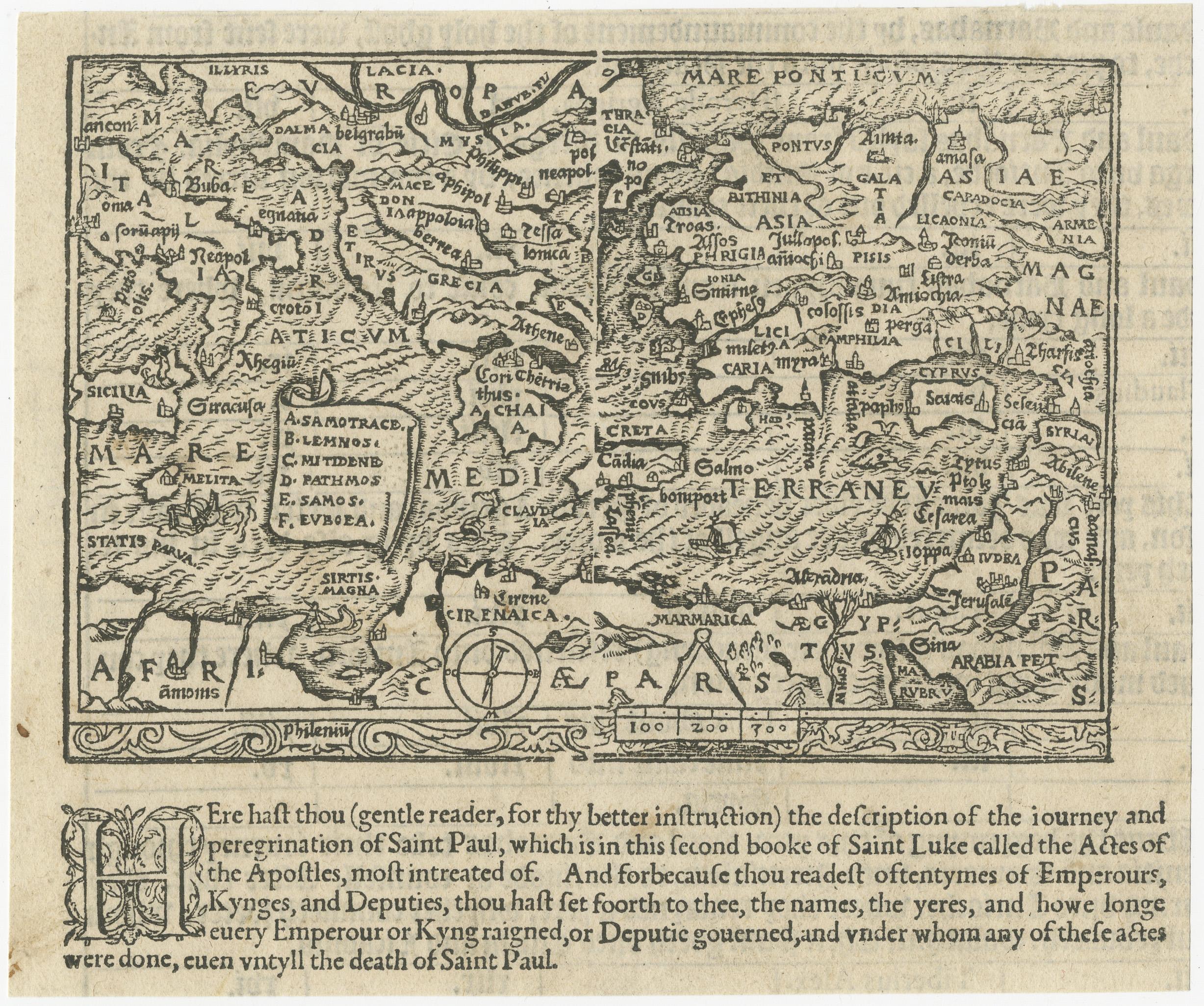 Very rare untitled antique woodcut map showing the region of the missionary journeys of Apostle Paul. It shows the Mediterranean with Greece, Asia Minor (Turkey), Northern Africa, Southern Italy and surroundings. With small legend including six