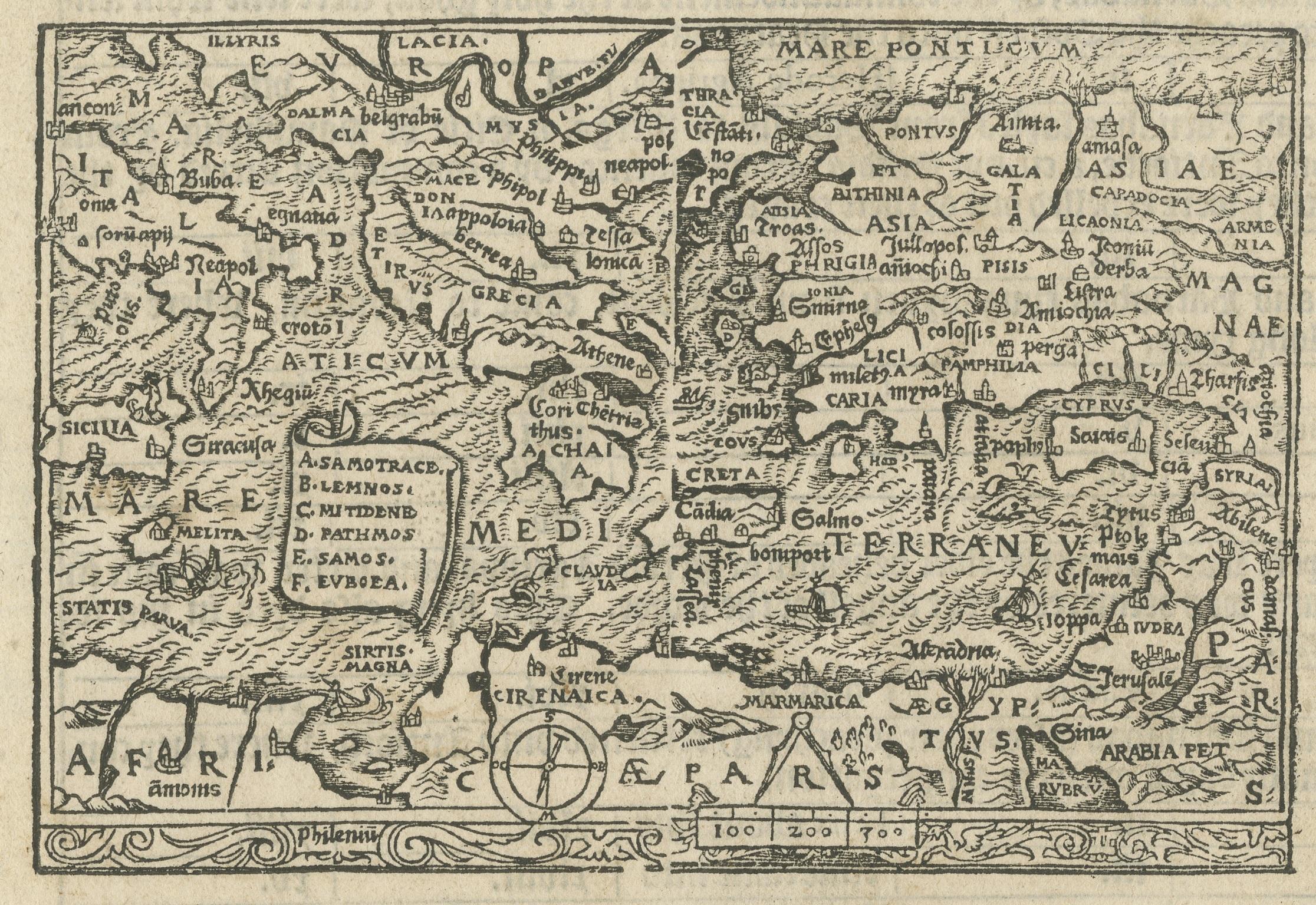 Seltene und interessante kleine antike Holzschnittkarte des Mittelmeerraums, 1568 im Zustand „Gut“ im Angebot in Langweer, NL