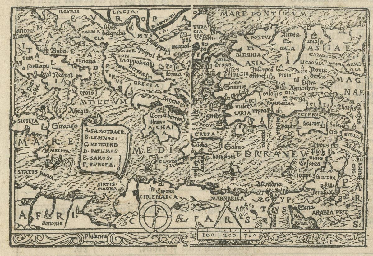 Rare and Interesting Small Antique Woodcut Map of the Mediterranean, 1568