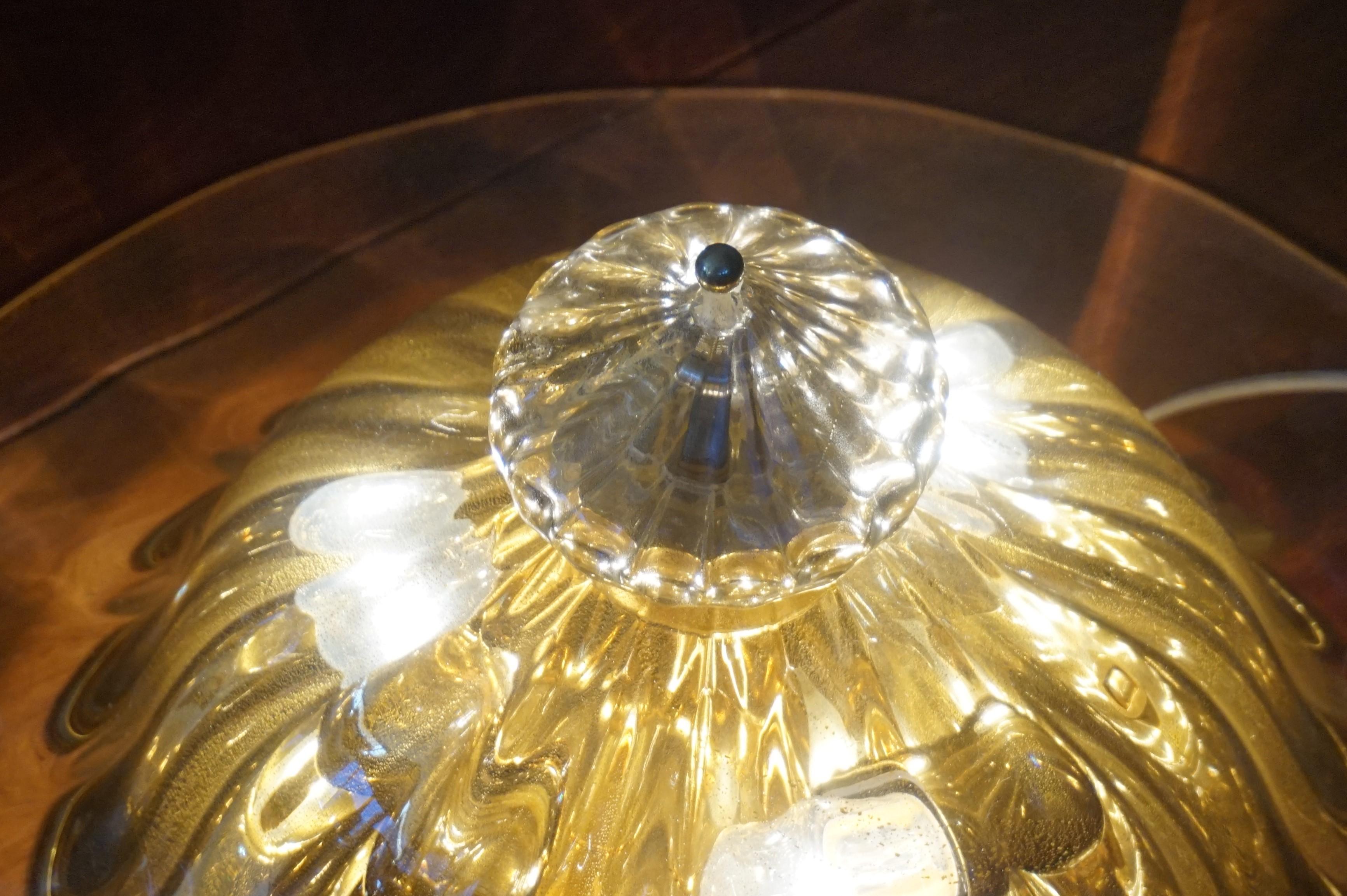 Rare and Large 1980s Mouthblown Three-Light Murano Flush Mount with Gold Flakes For Sale 4