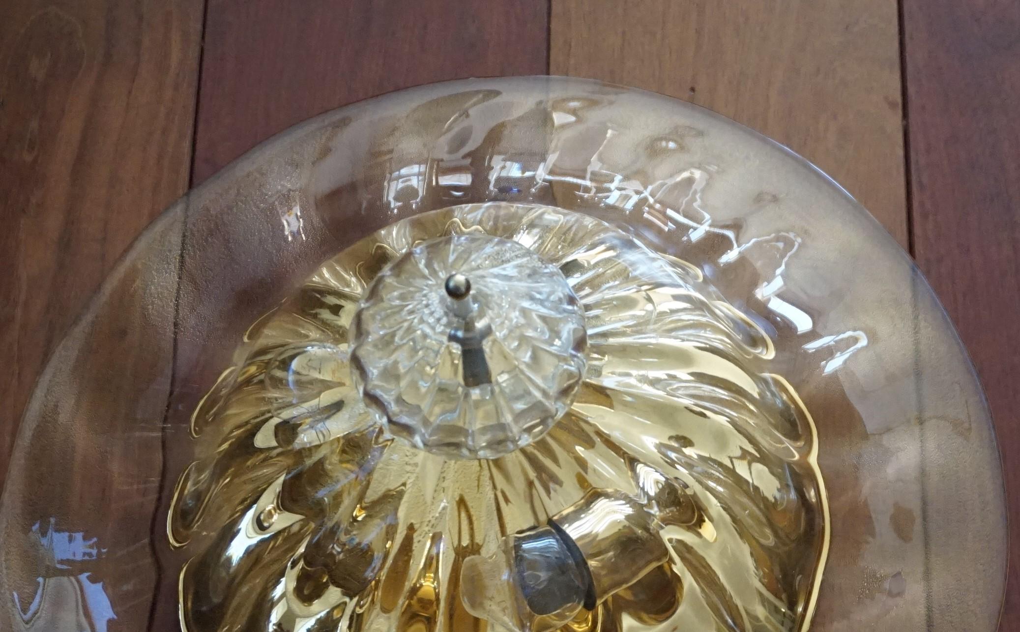 Rare and Large 1980s Mouthblown Three-Light Murano Flush Mount with Gold Flakes For Sale 5