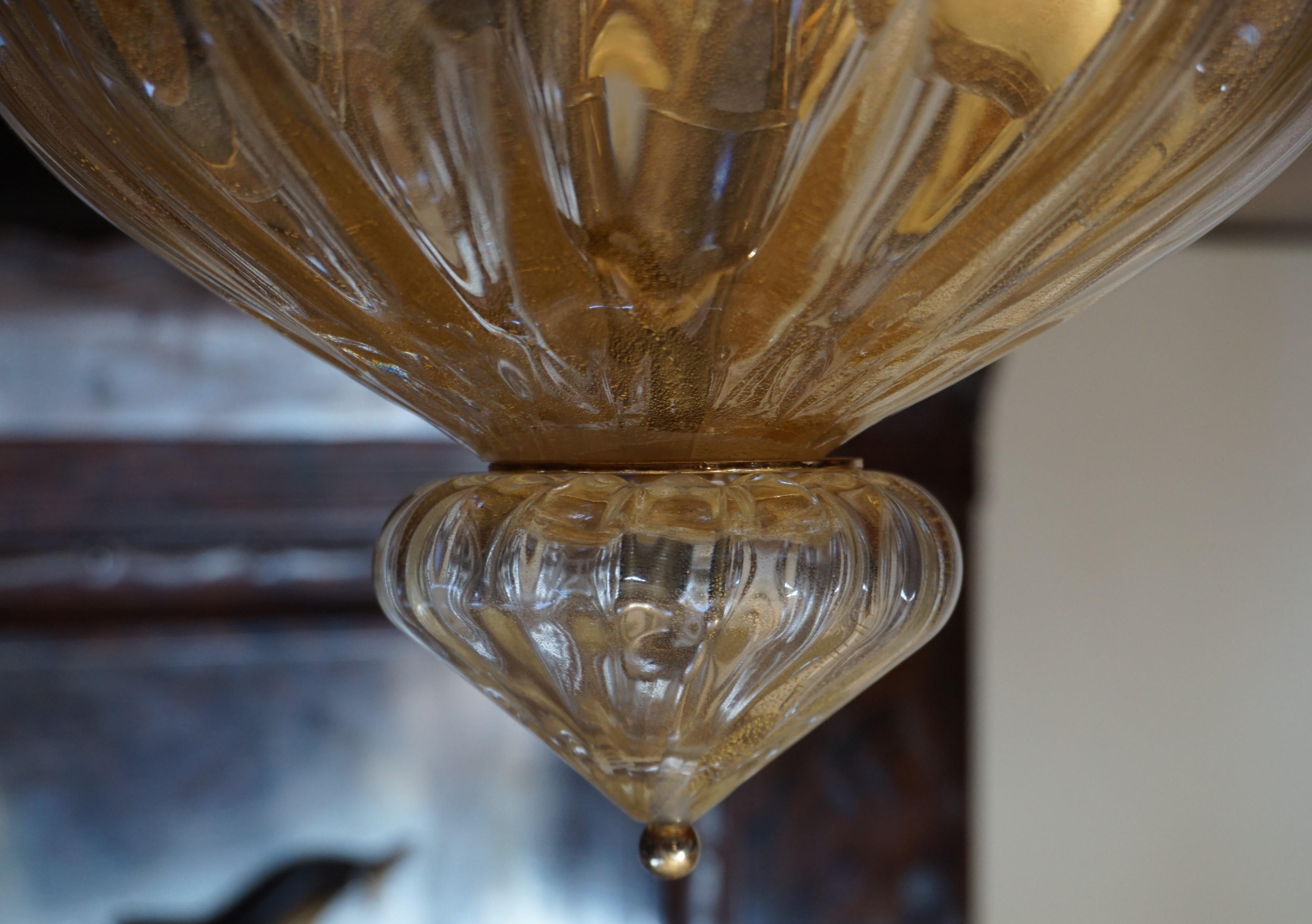 Rare and Large 1980s Mouthblown Three-Light Murano Flush Mount with Gold Flakes For Sale 6
