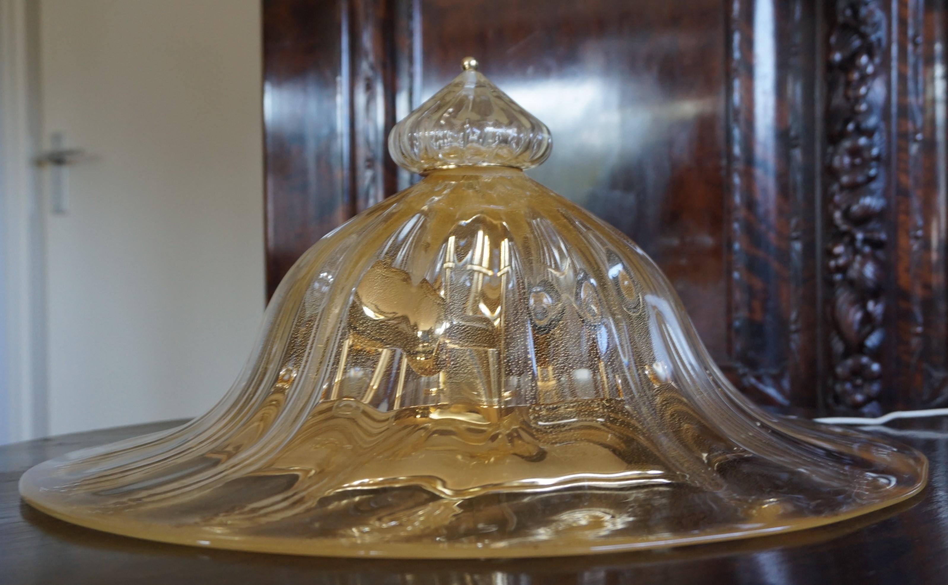 Rare and Large 1980s Mouthblown Three-Light Murano Flush Mount with Gold Flakes For Sale 7