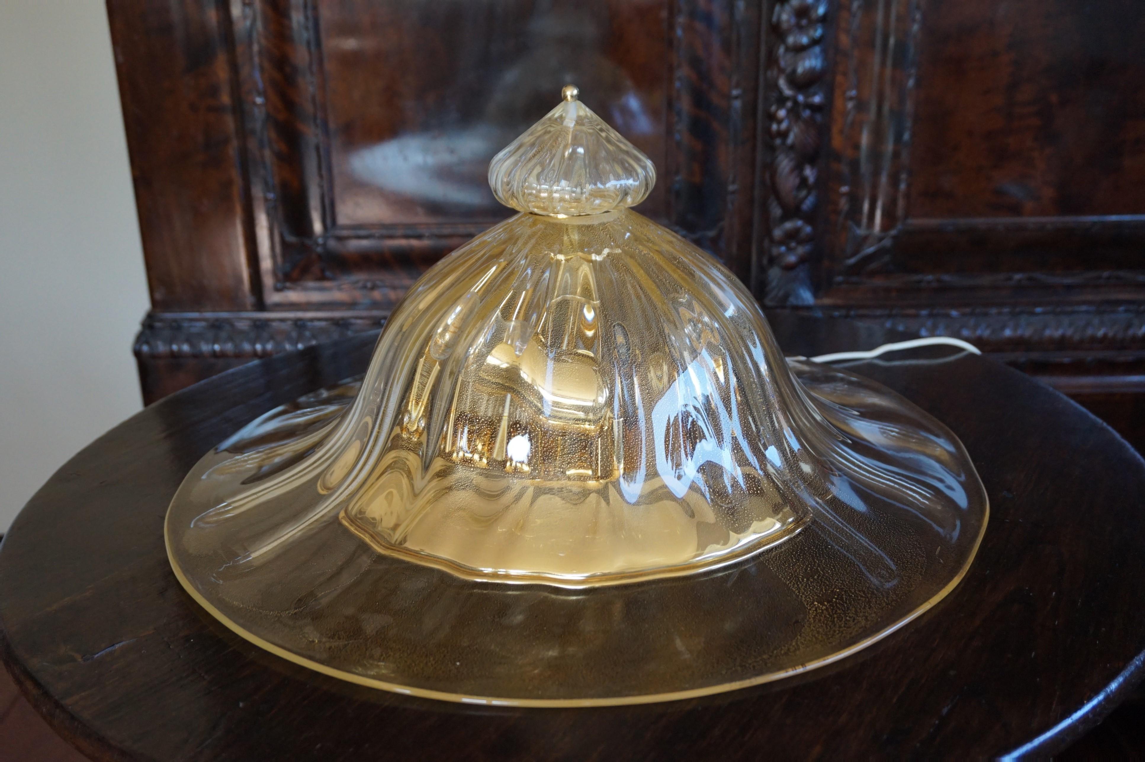 Rare and Large 1980s Mouthblown Three-Light Murano Flush Mount with Gold Flakes For Sale 9