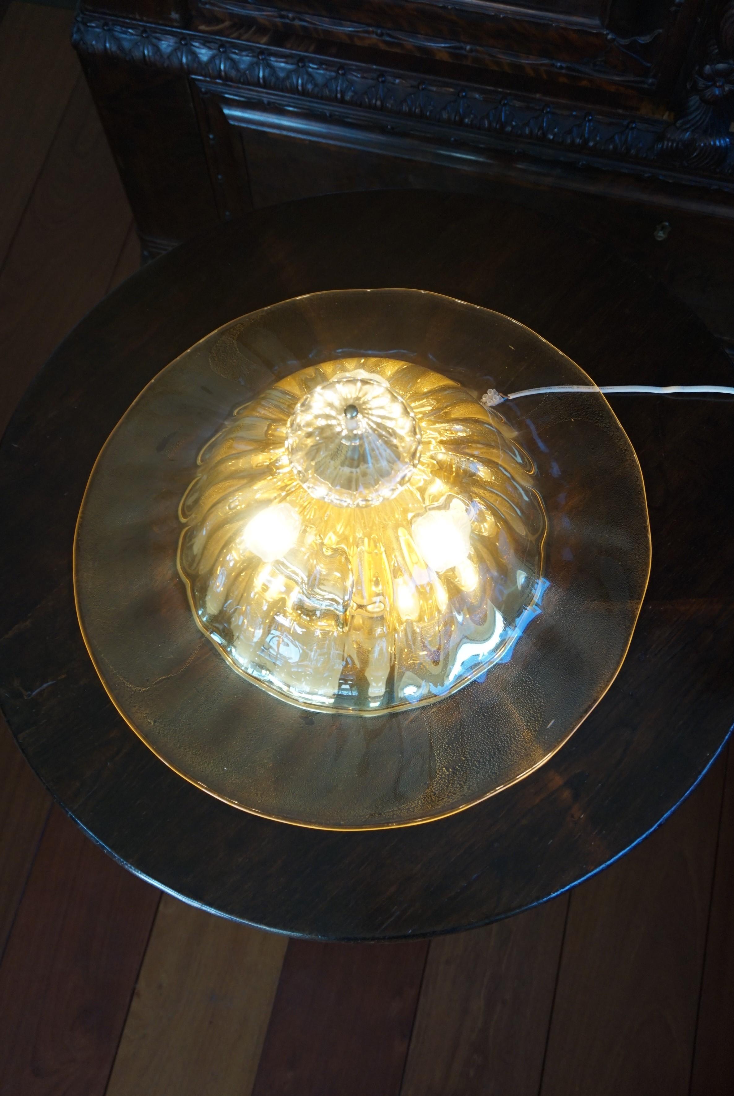 Rare and Large 1980s Mouthblown Three-Light Murano Flush Mount with Gold Flakes For Sale 10