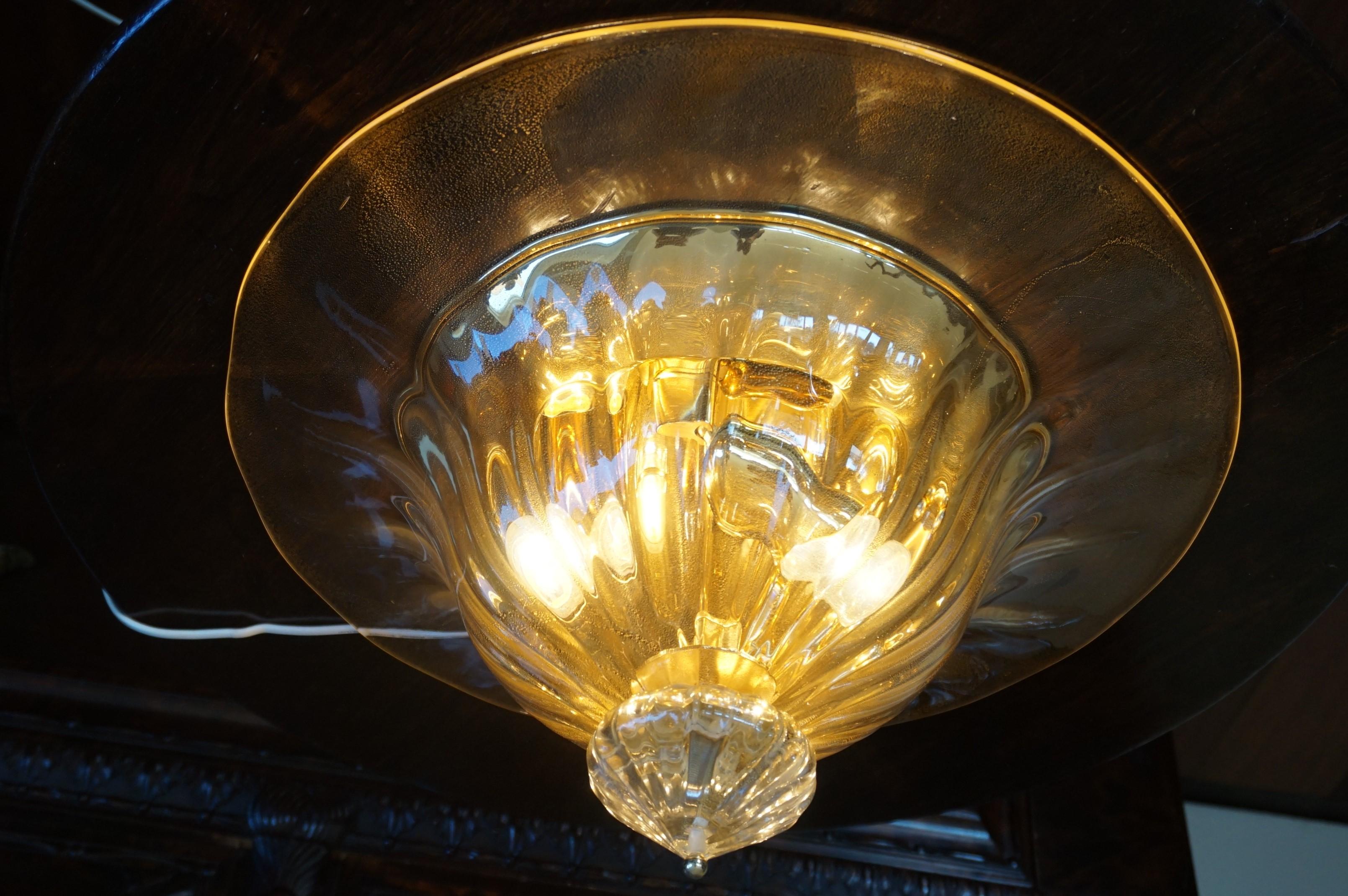 Rare and Large 1980s Mouthblown Three-Light Murano Flush Mount with Gold Flakes For Sale 11